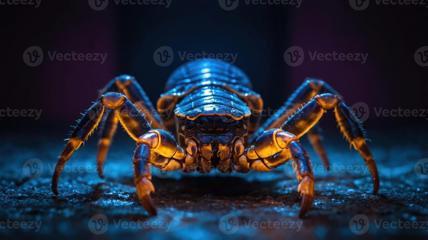 A close-up of a vividly lit crab against a dark background. photo
