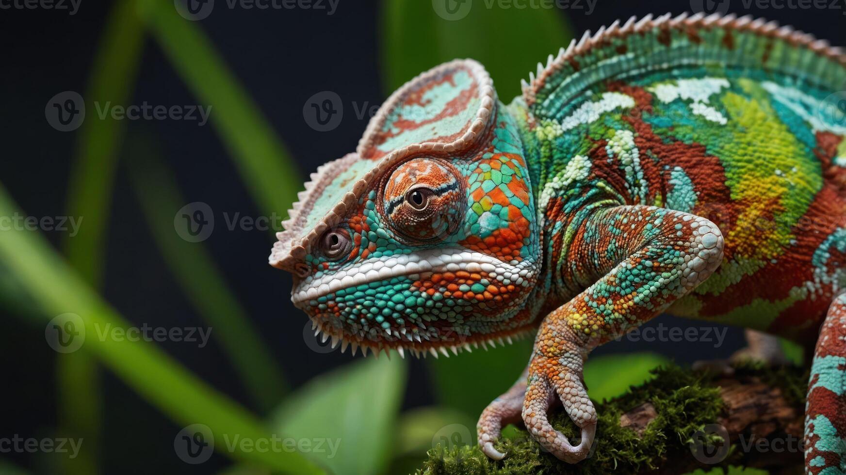 A vibrant chameleon perched on a branch, showcasing its colorful scales and intricate patterns. photo