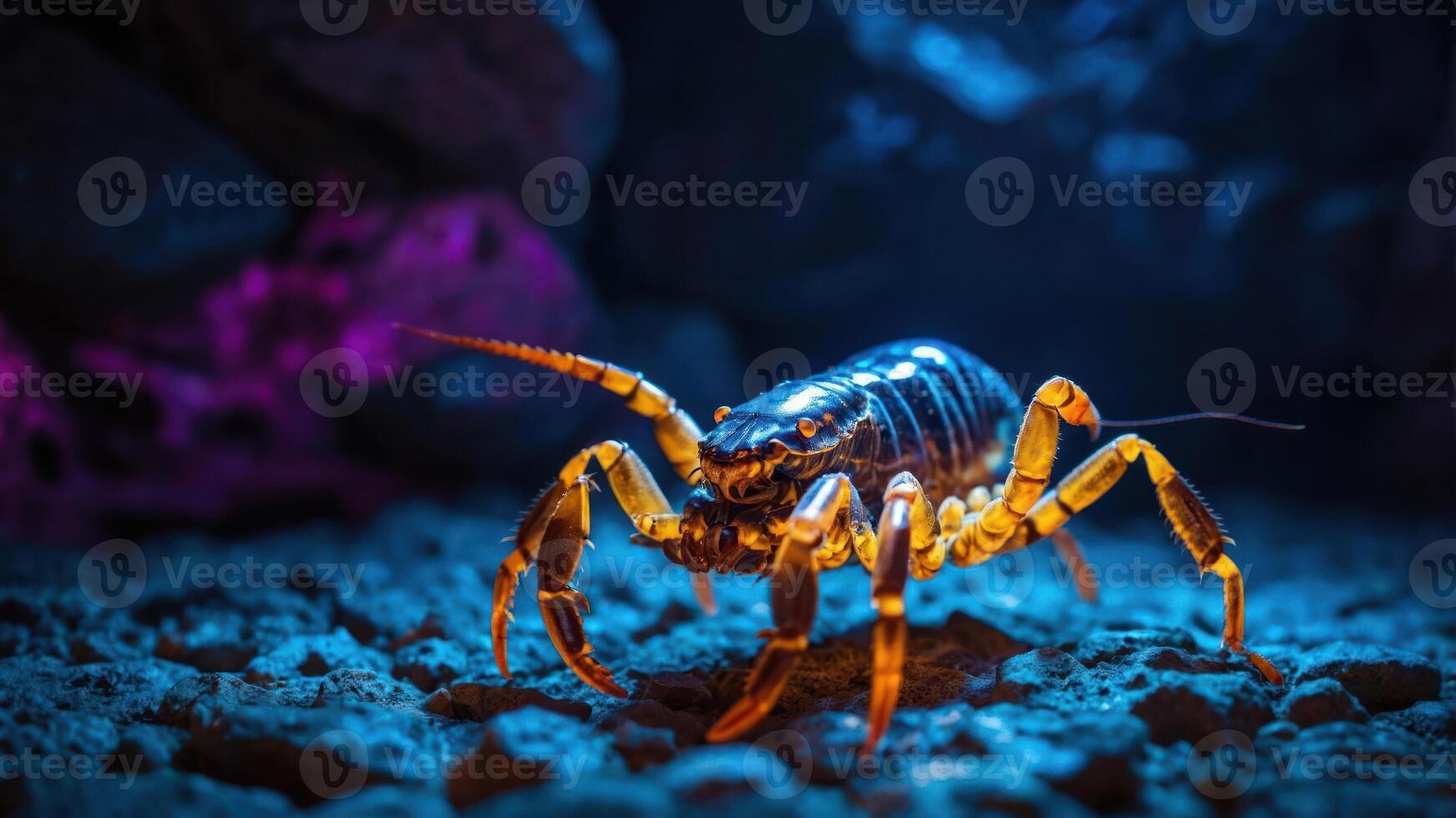 A vibrant crab with glowing colors in a dark underwater setting. photo