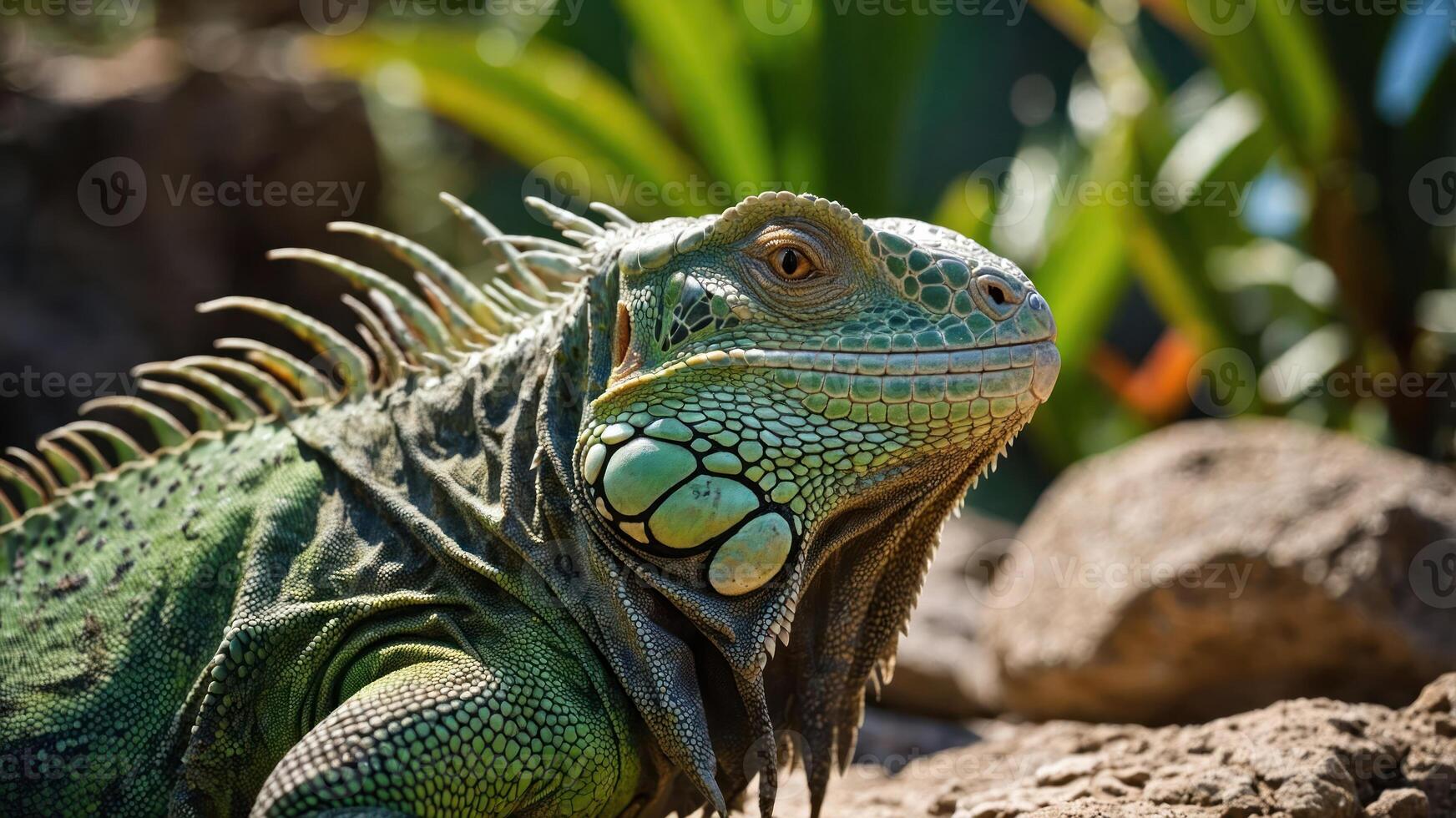 A close-up of a vibrant green iguana resting among rocks and foliage. photo