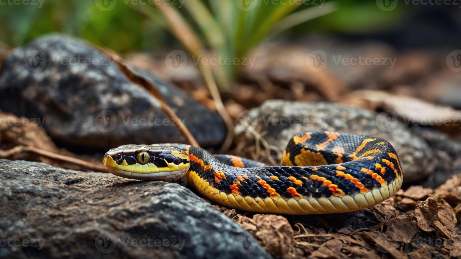 A colorful snake resting on rocks amidst foliage in a natural environment. photo