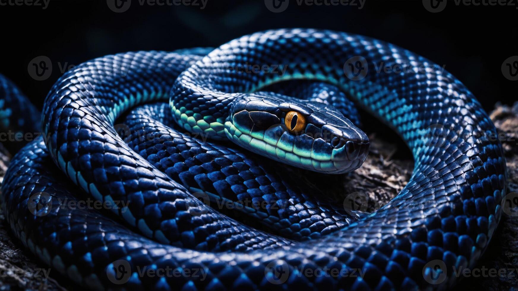 A close-up of a blue and black snake with striking yellow eyes, coiled on a surface. photo