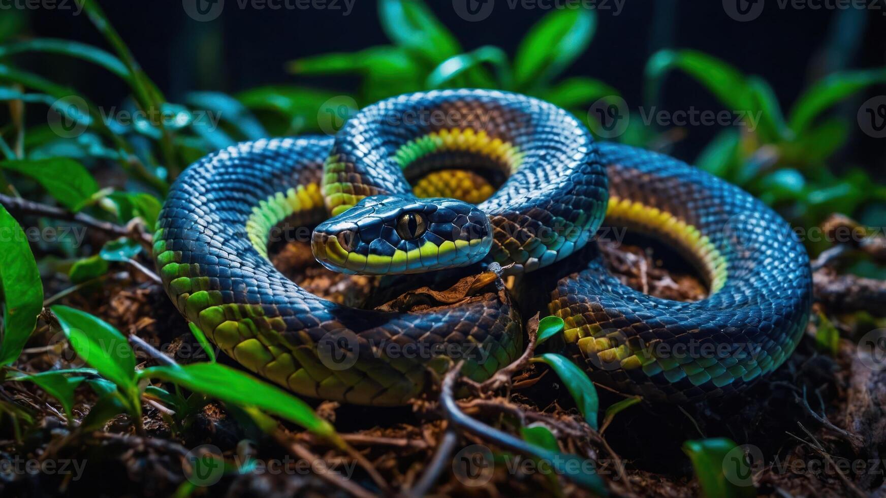 A vibrant snake coiled on the forest floor, surrounded by lush green foliage. photo