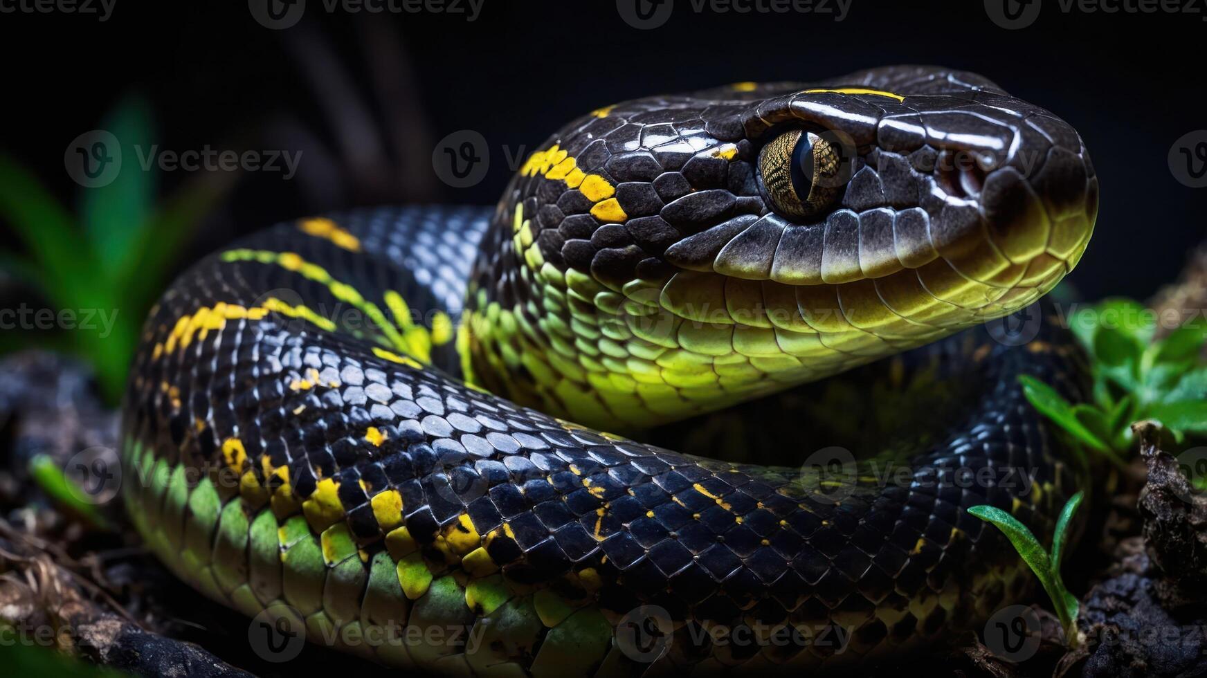 A close-up of a vibrant, patterned snake coiled among greenery. photo
