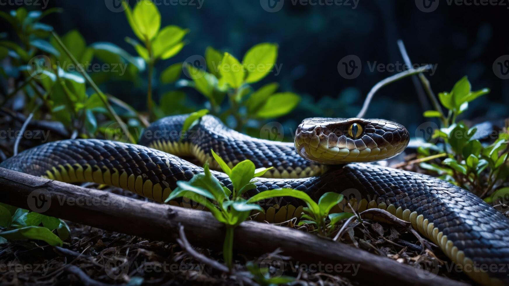 A close-up of a snake resting among foliage in a dimly lit forest setting. photo