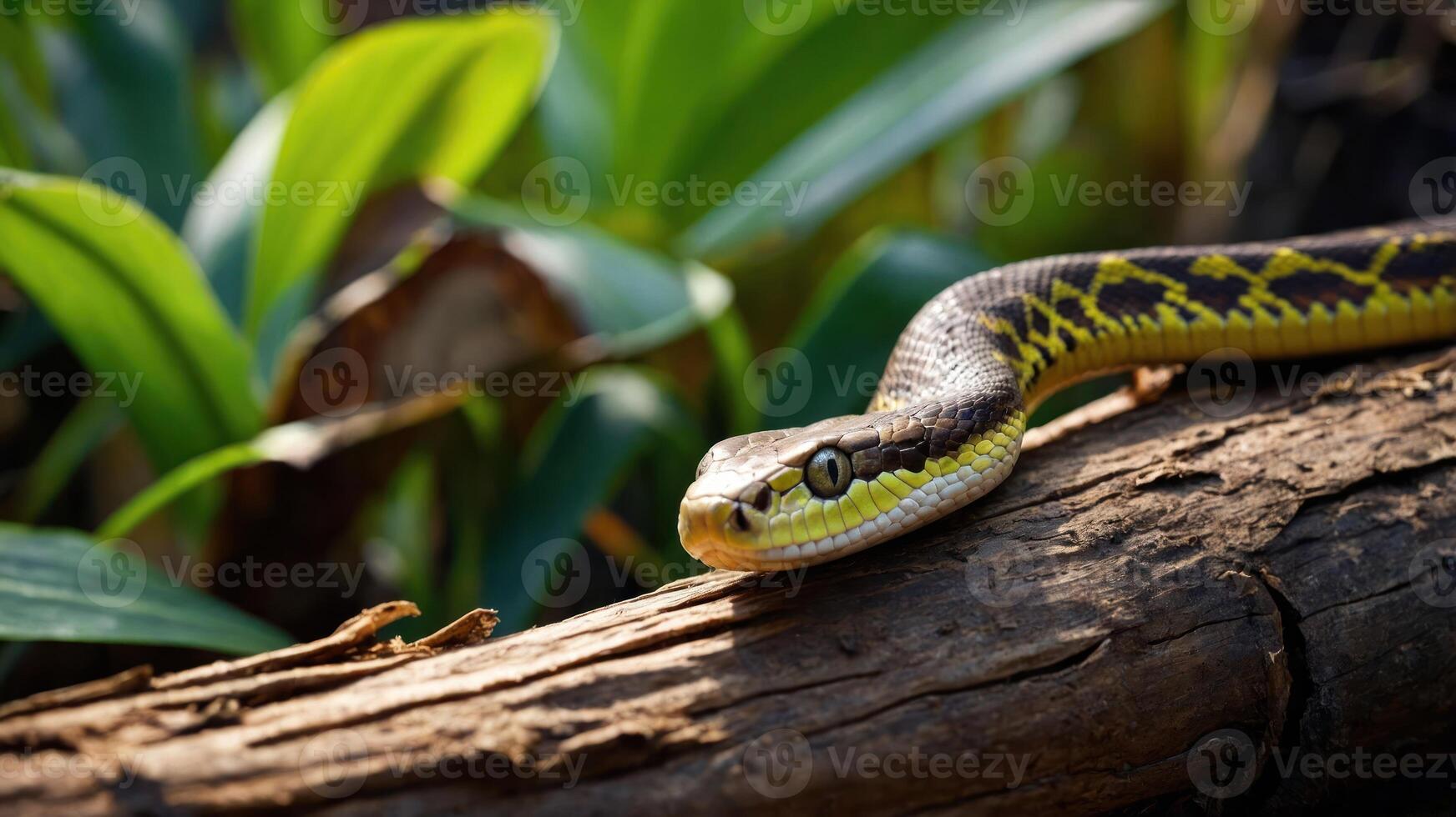 A snake resting on a log amidst lush green foliage. photo