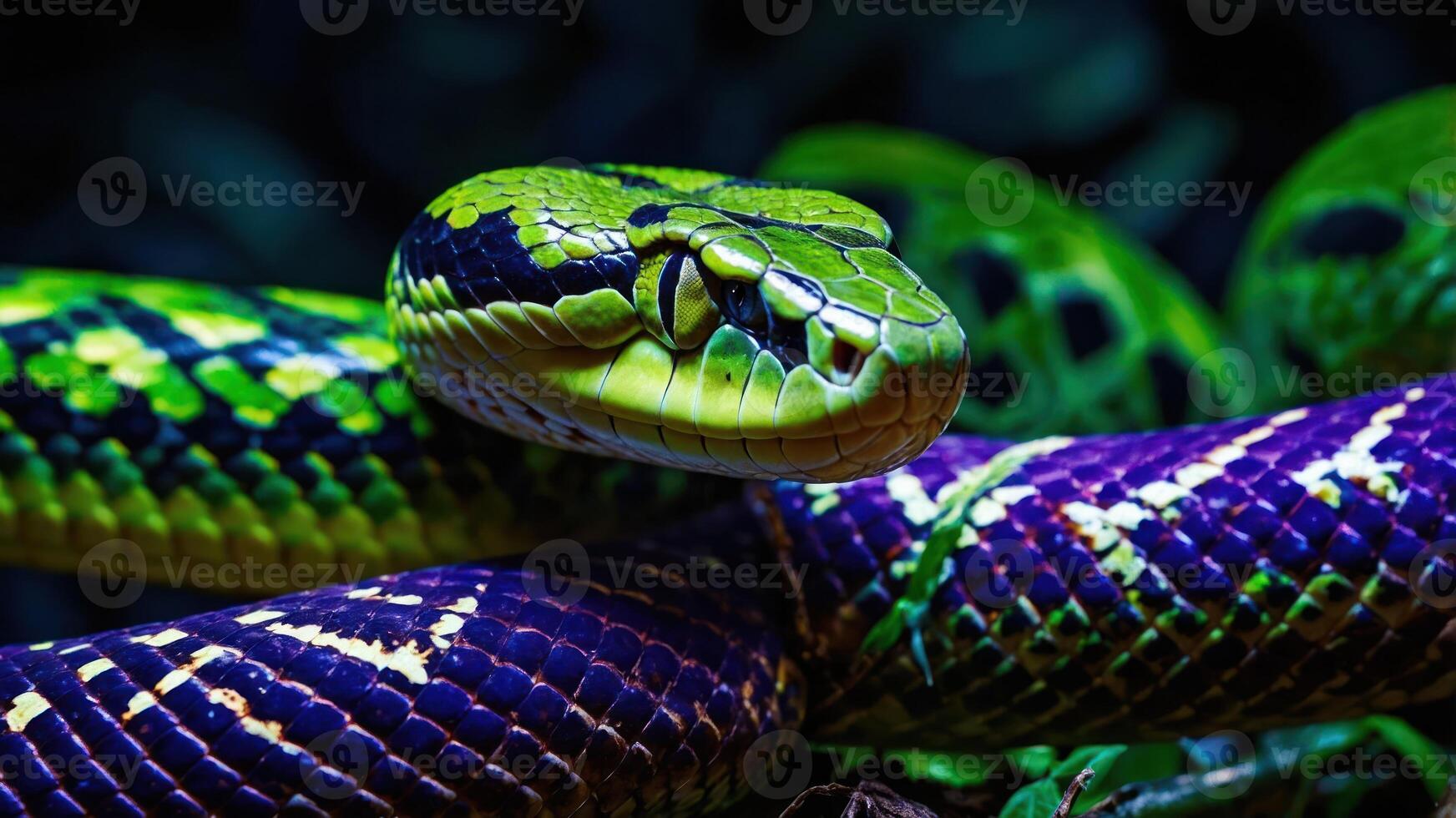 A vibrant, close-up view of a green and purple snake resting on a branch. photo