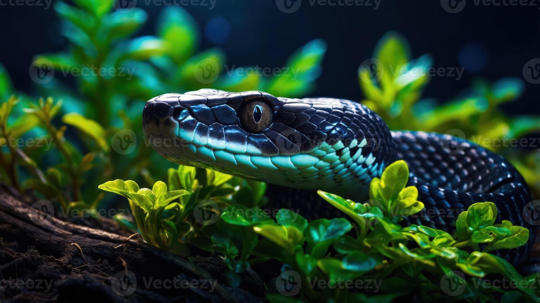 A close-up of a snake nestled among green foliage, showcasing its scales and eye. photo