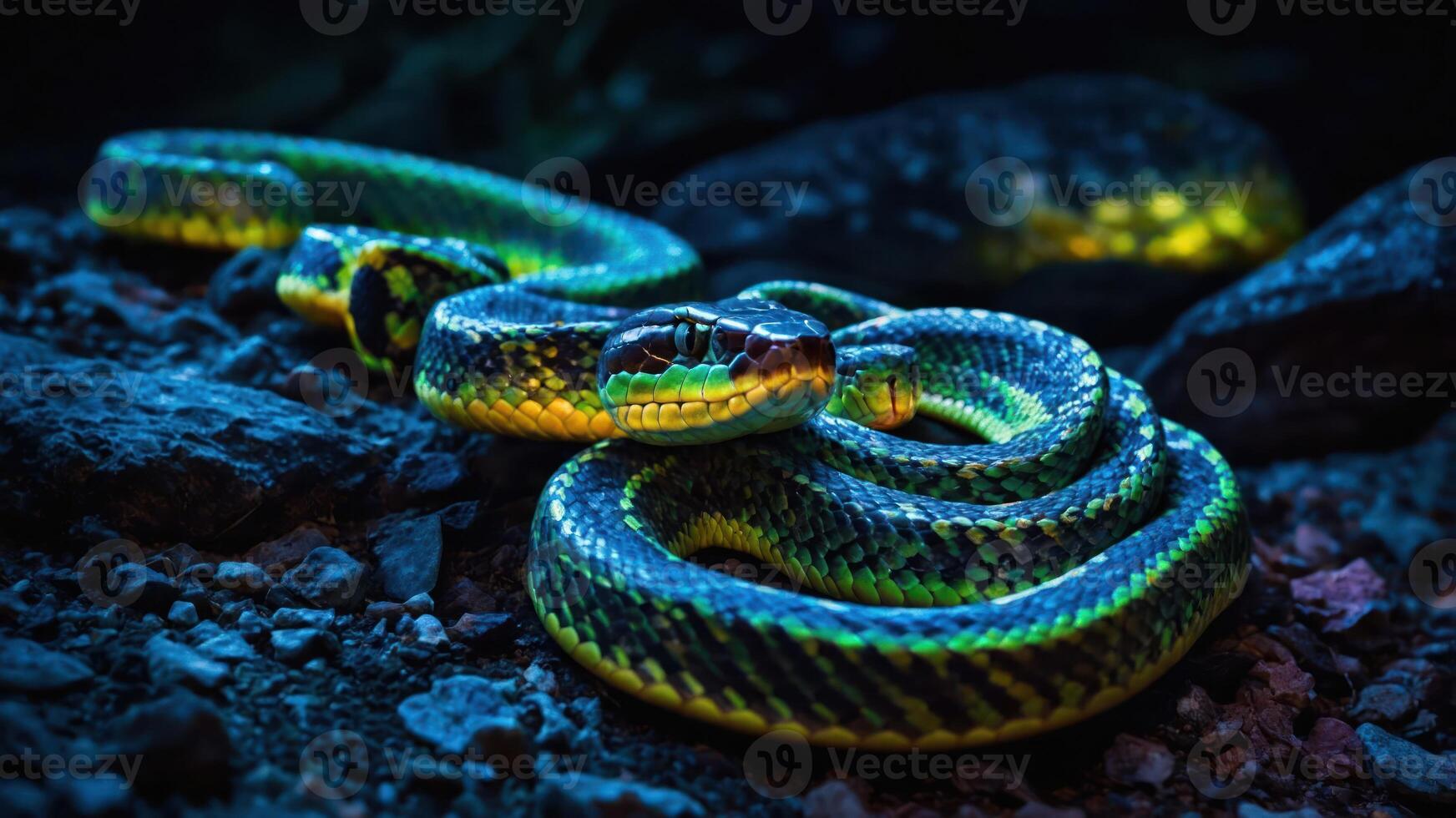 A vibrant green and yellow snake coiled on rocky terrain, illuminated in a dark setting. photo
