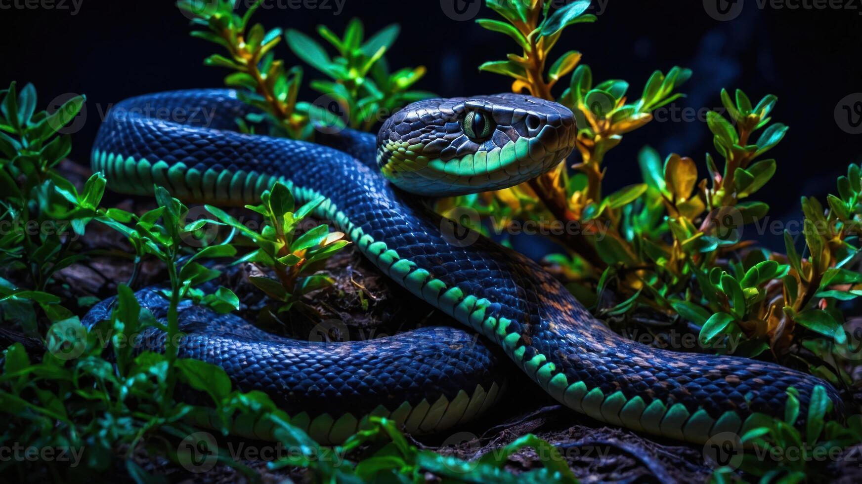 A striking snake coiled among vibrant foliage, showcasing its unique colors and patterns. photo