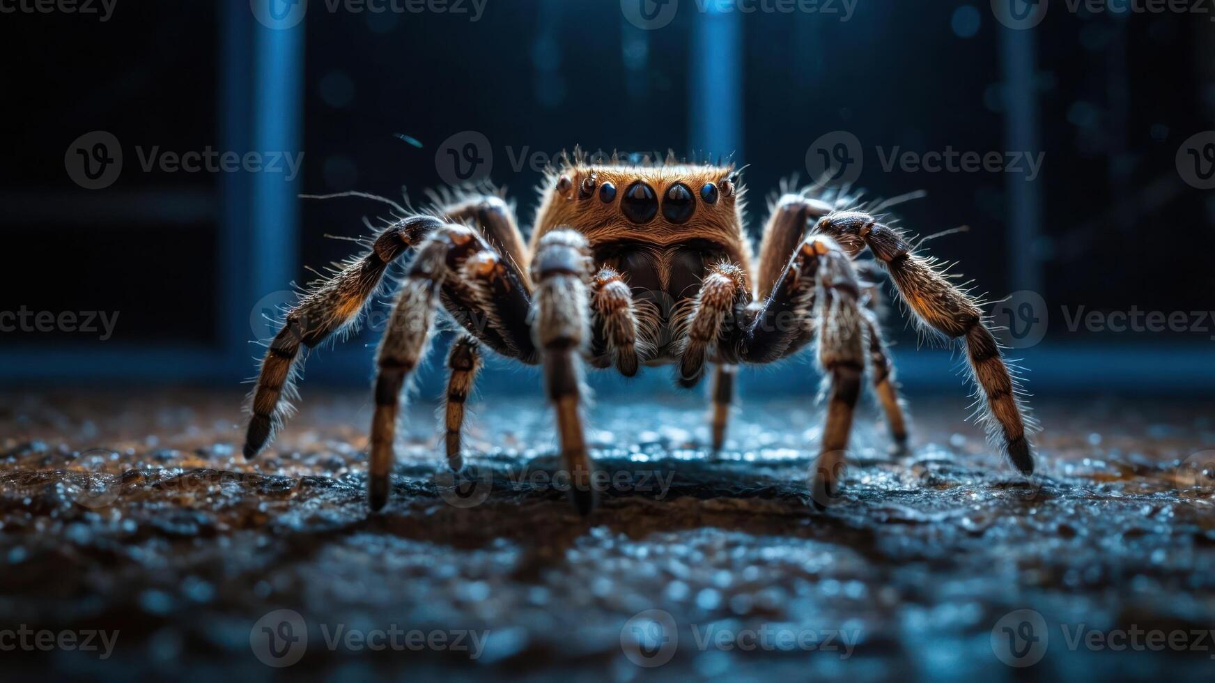 A close-up of a spider with detailed textures and lighting in a dark environment. photo