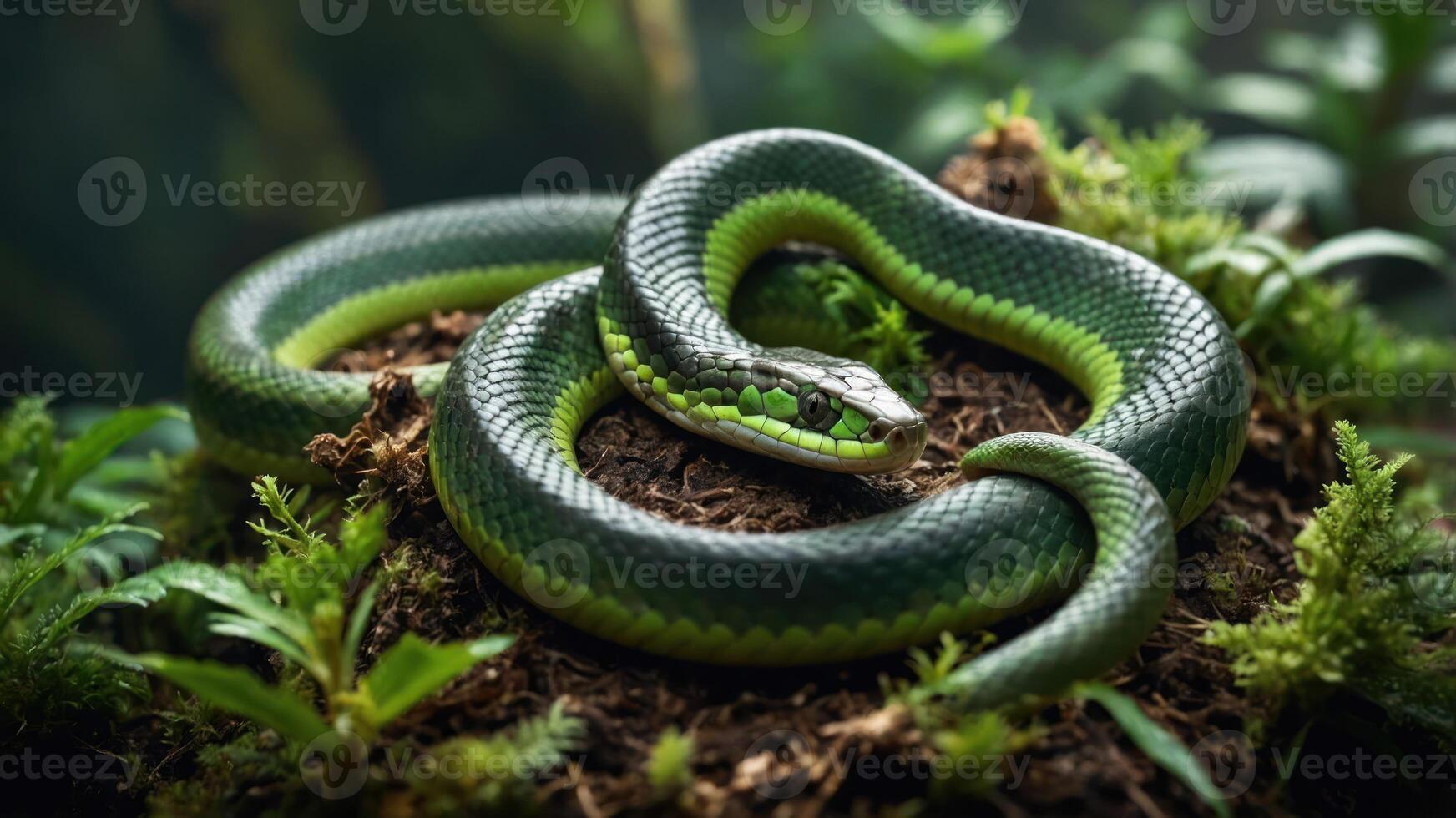 A vibrant green snake resting on earthy ground surrounded by lush foliage. photo