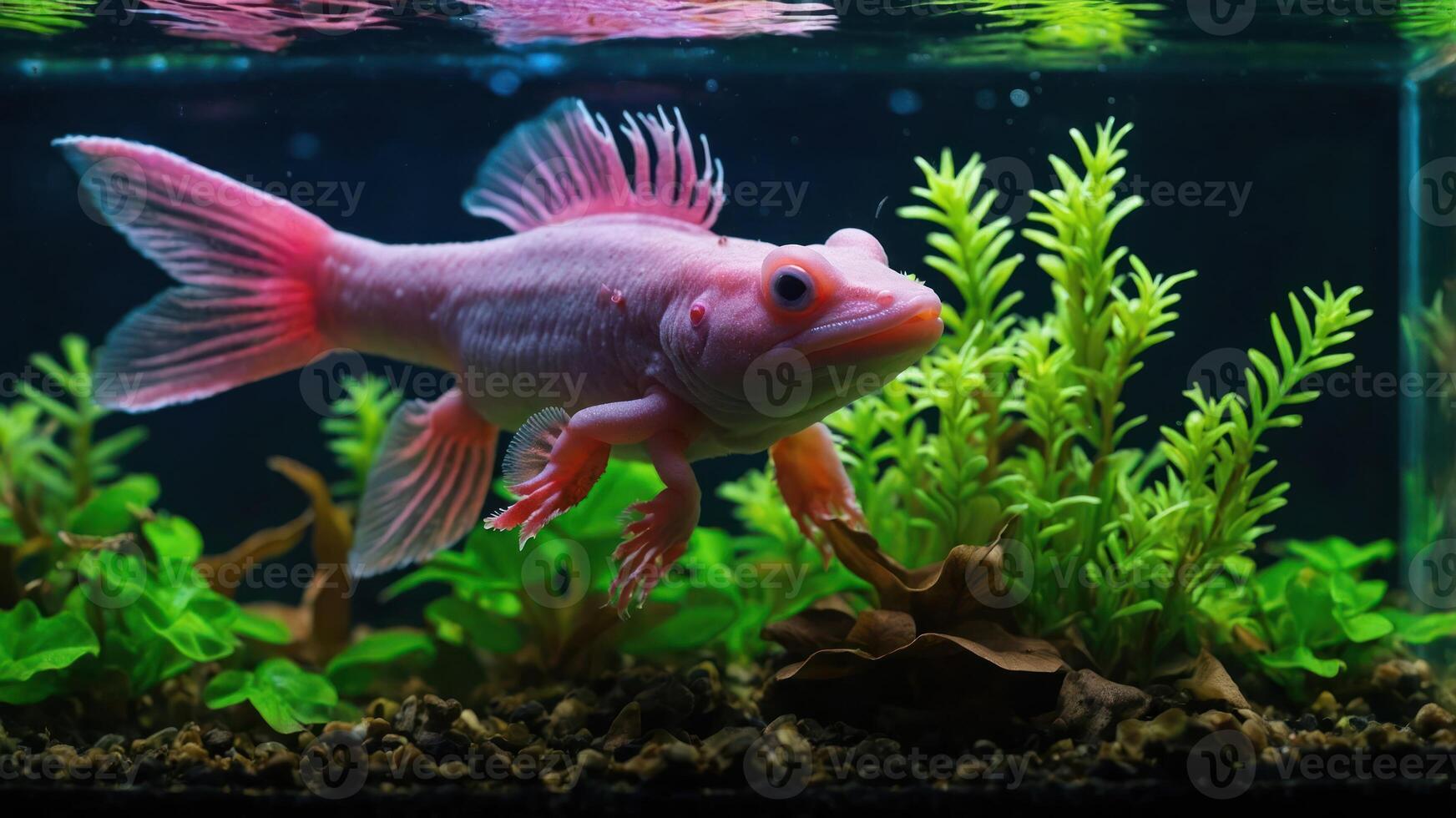 A pink aquatic creature swimming among plants in a tank. photo