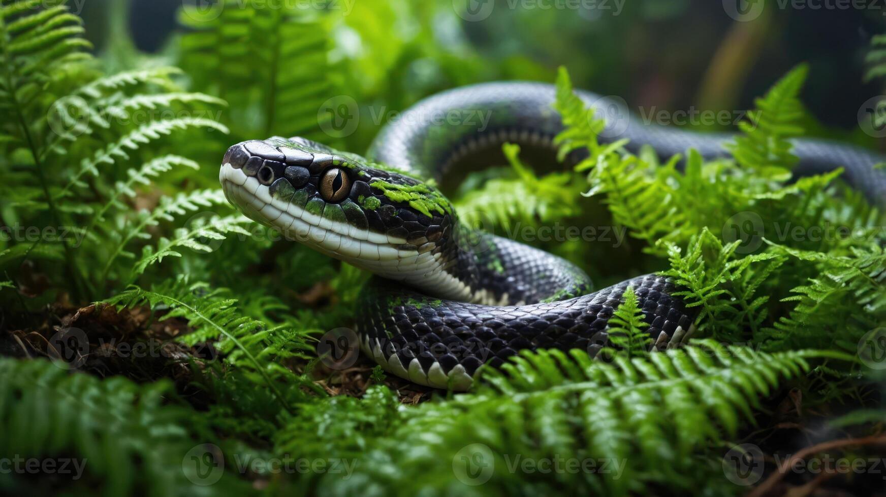 A snake camouflaged among lush ferns in a vibrant forest setting. photo