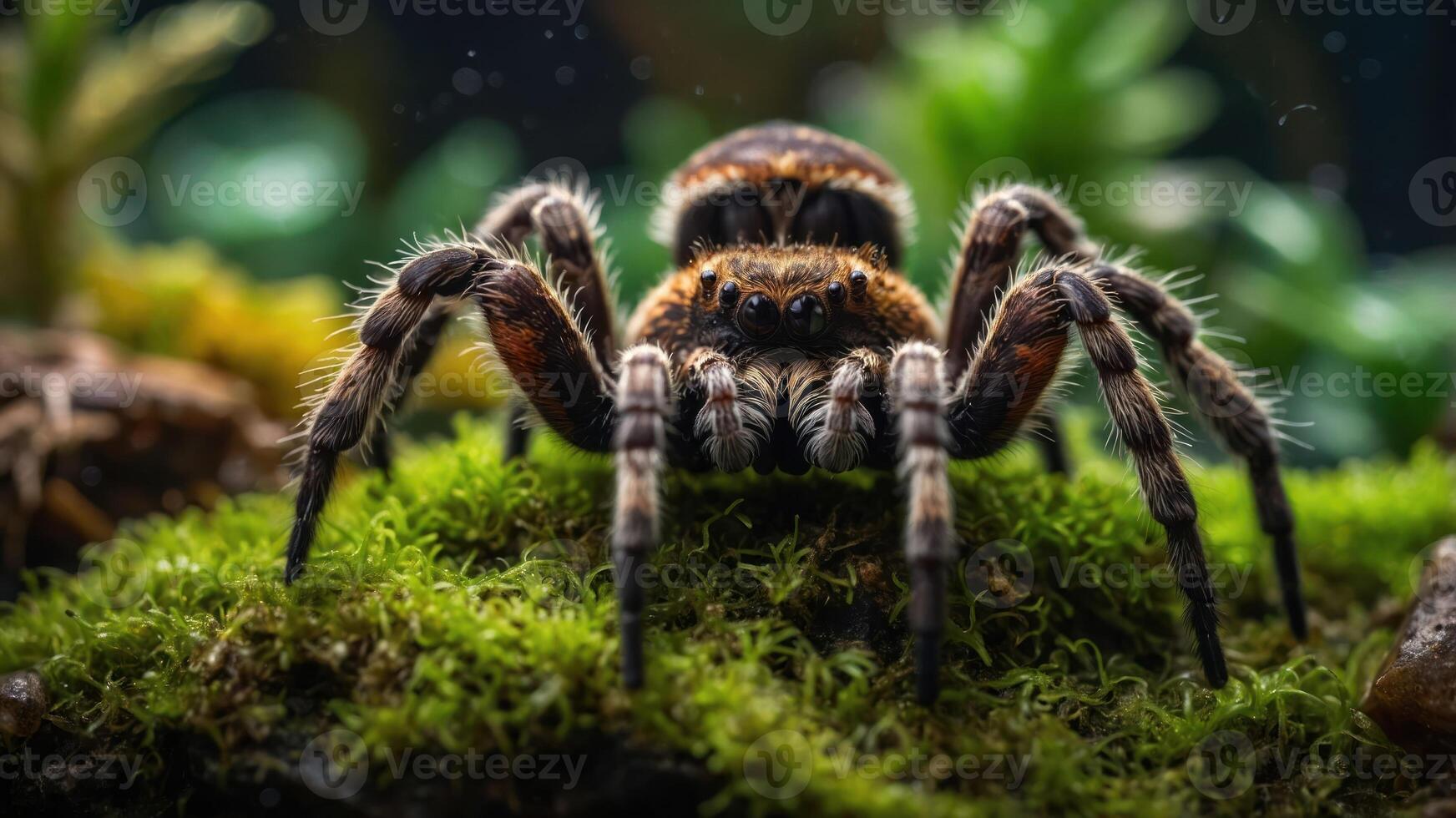 A close-up of a spider on moss, showcasing its intricate details and natural habitat. photo