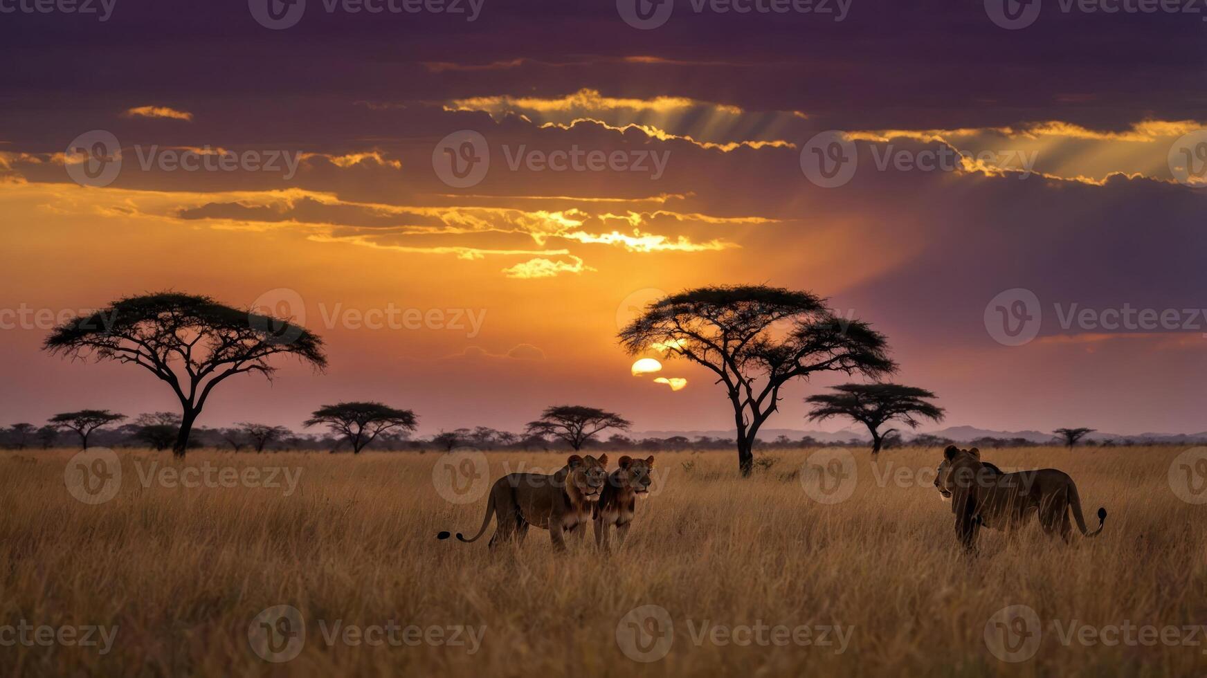 Two lions in a savannah at sunset, surrounded by acacia trees and golden grasslands. photo