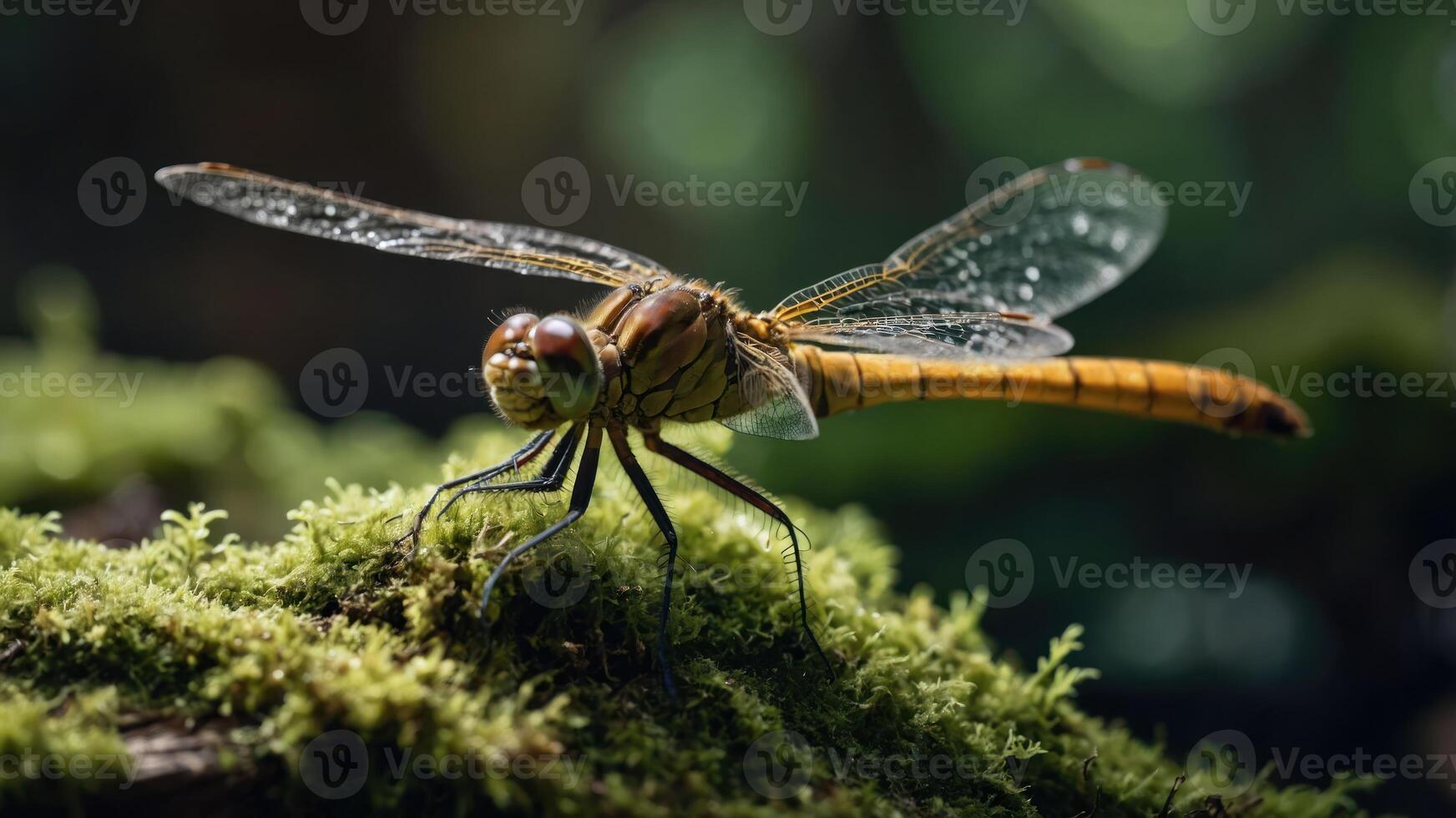 A close-up of a dragonfly perched on moss, showcasing its intricate details and natural habitat. photo