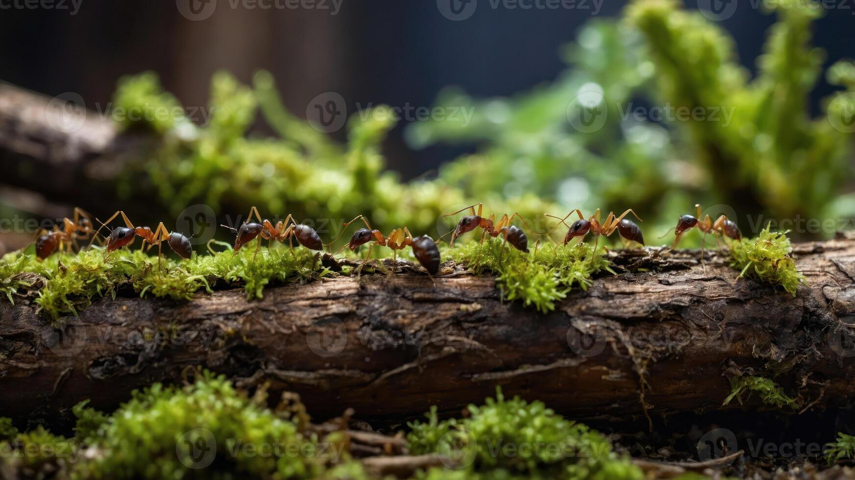A line of ants traversing a moss-covered log in a natural setting. photo