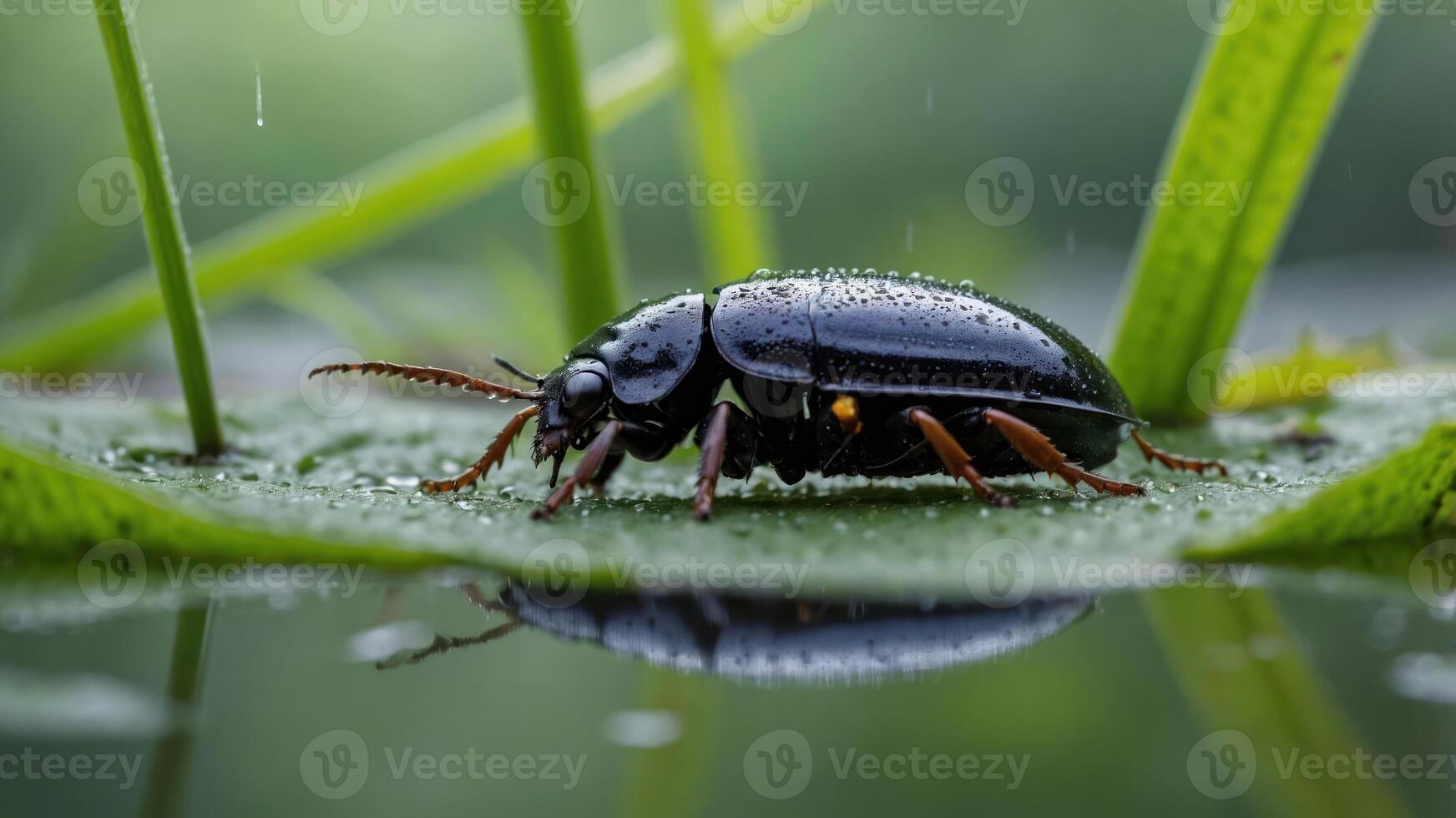 A close-up of a black beetle on a leaf, surrounded by droplets of water. photo