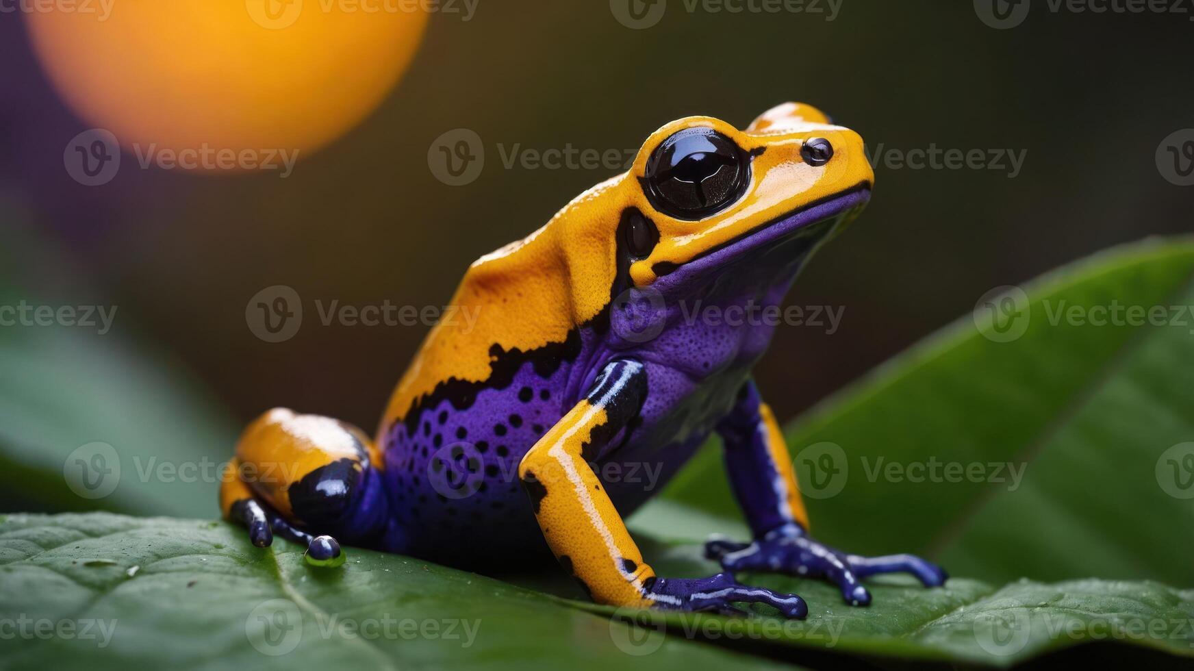 A vibrant frog perched on a green leaf, showcasing its striking colors in nature. photo
