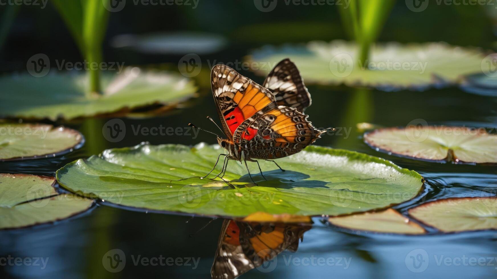 A butterfly perched on a lily pad, reflecting in the water, surrounded by greenery. photo