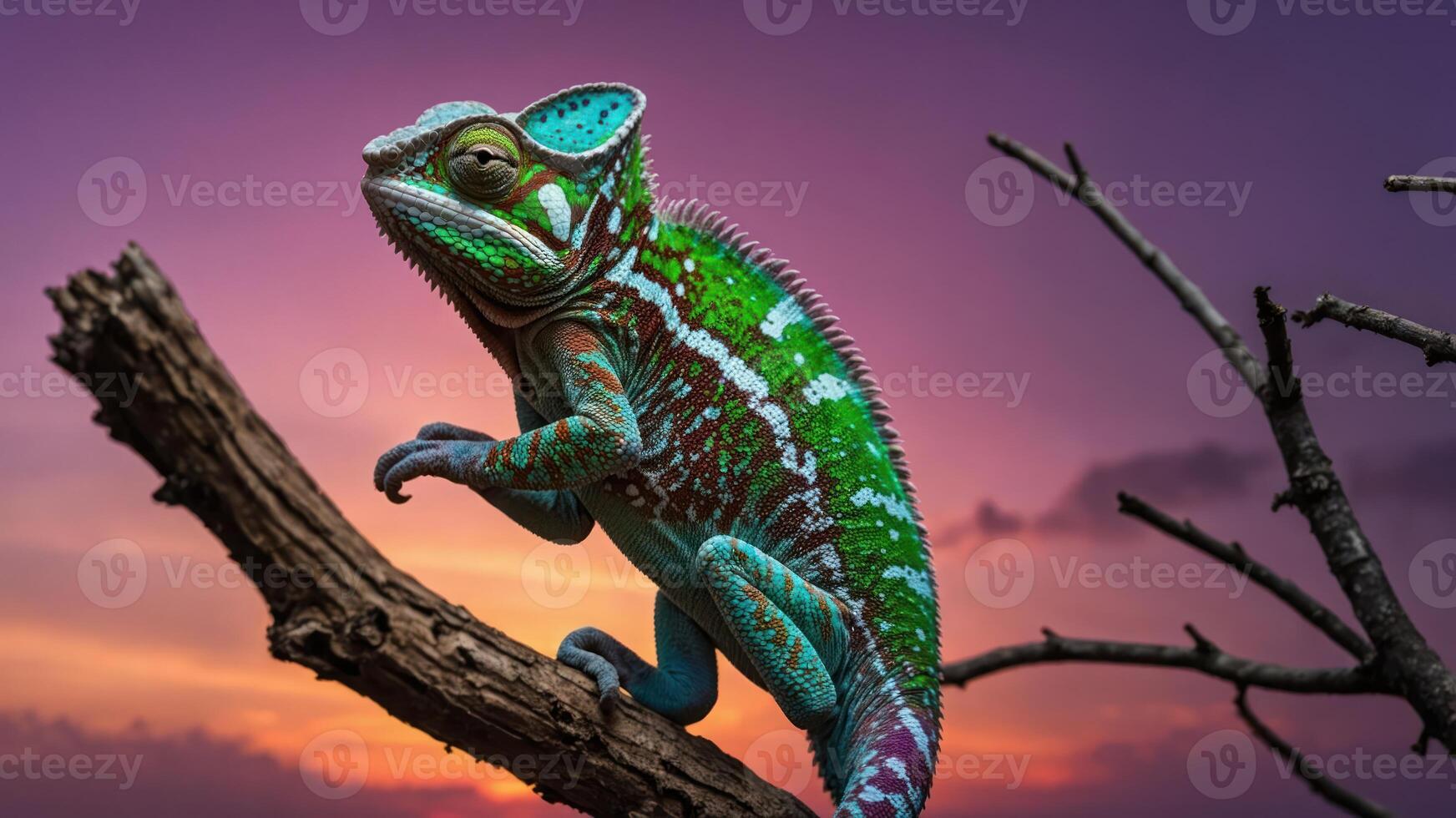 A vibrant chameleon perched on a branch against a colorful sunset backdrop. photo