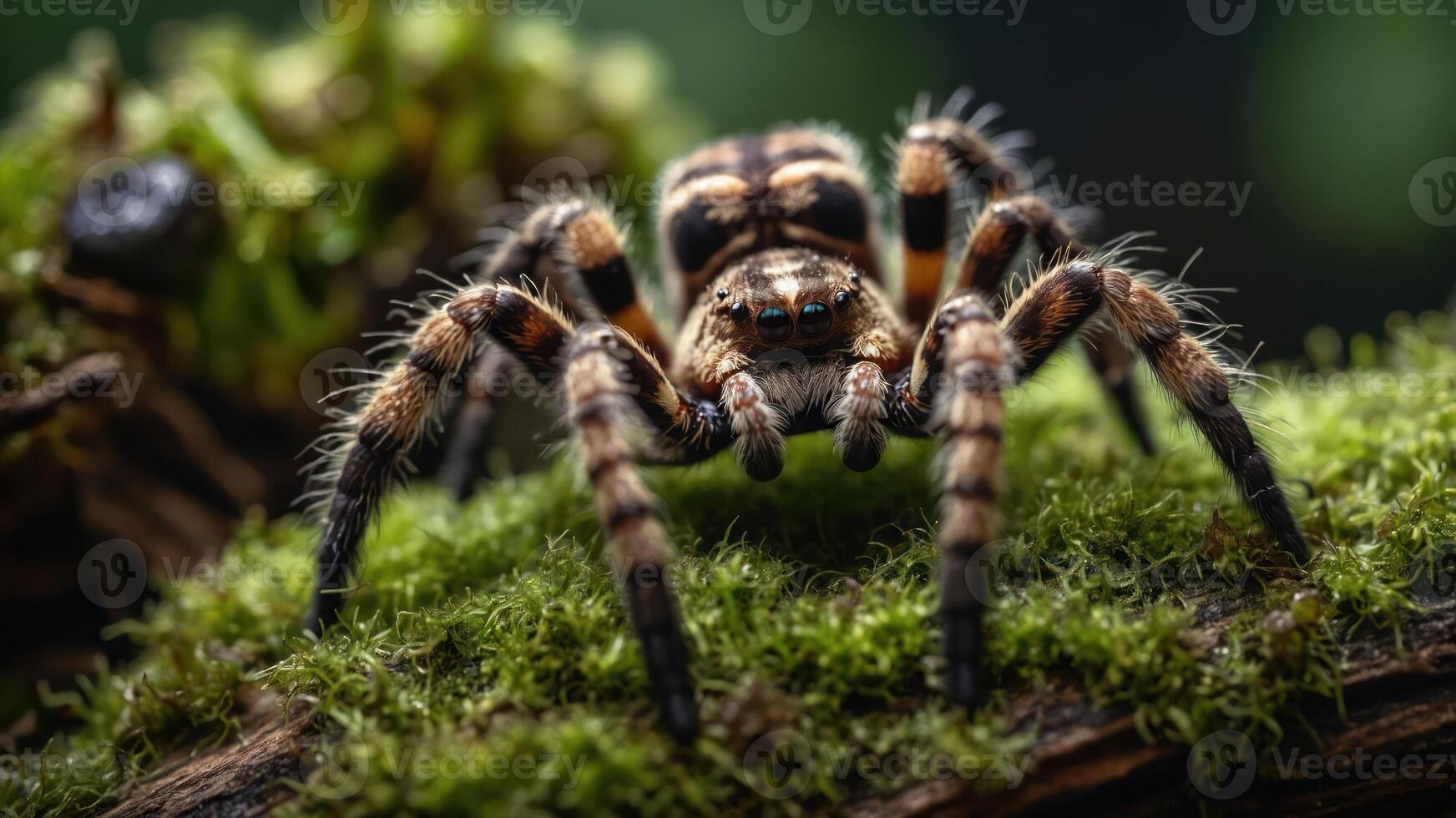A close-up of a spider on moss, showcasing its intricate details and natural habitat. photo