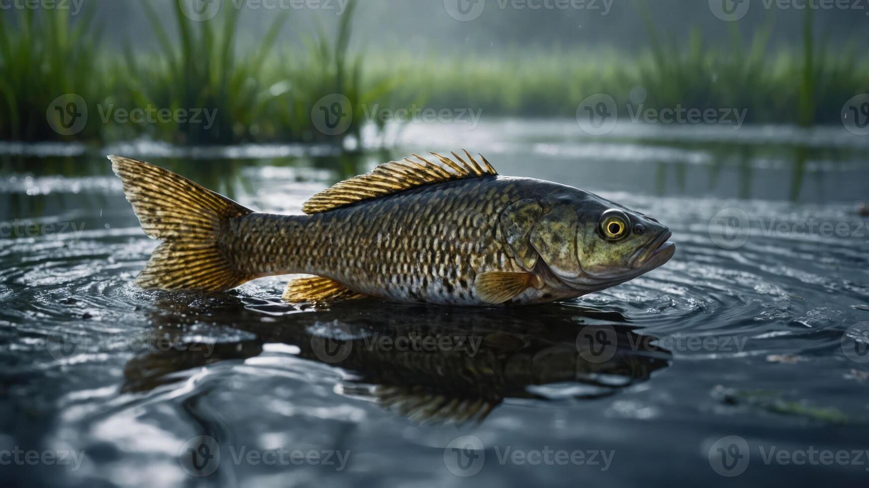 A close-up of a fish swimming in a tranquil, misty environment. photo
