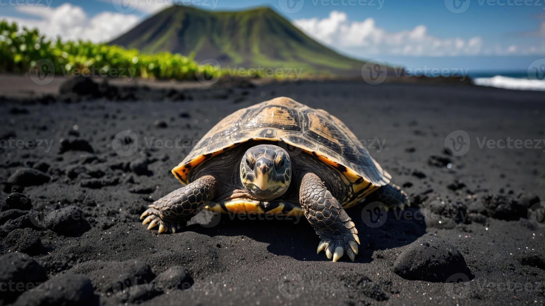 A turtle on black volcanic sand with a lush green mountain in the background. photo