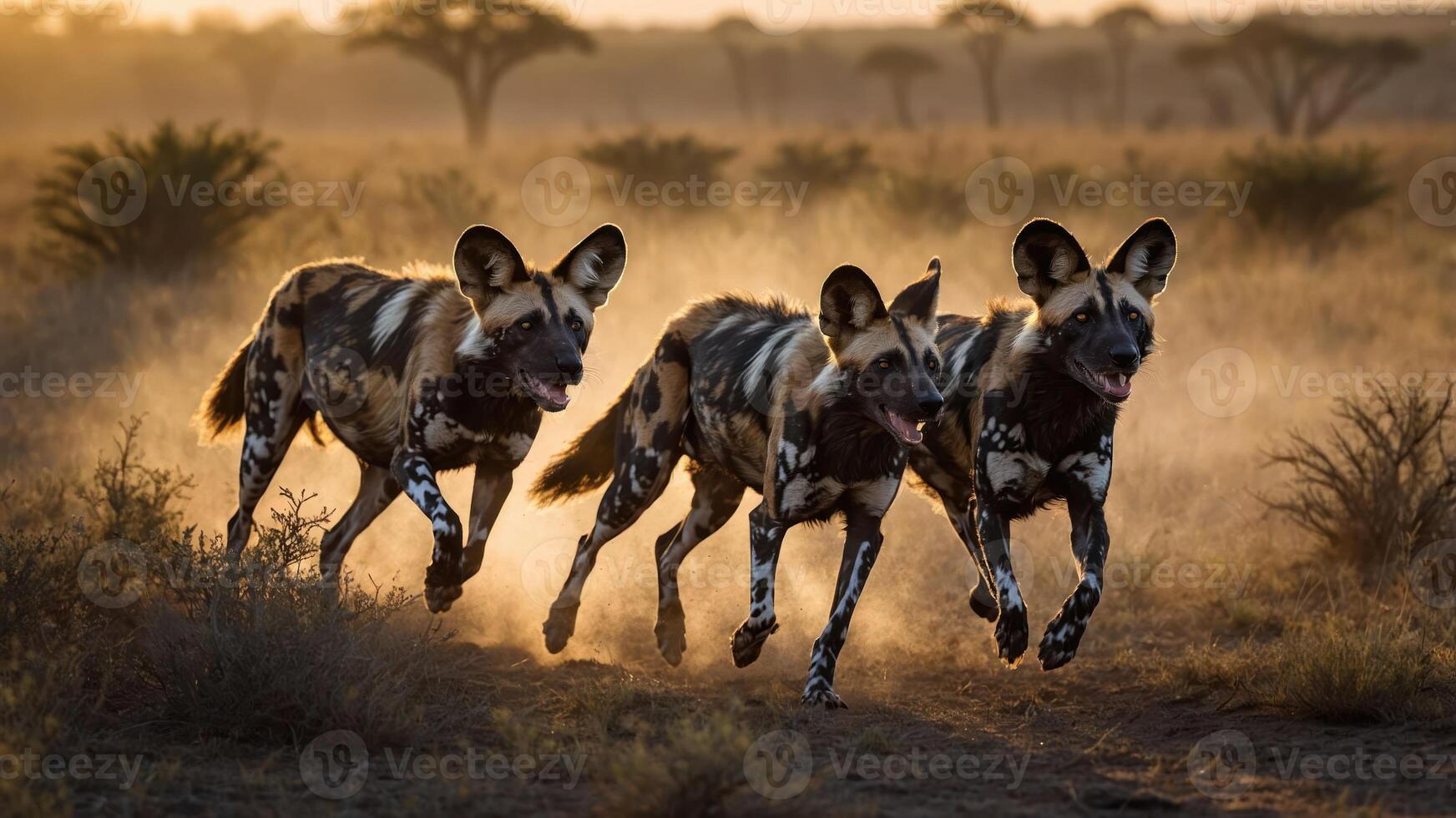 Three African wild dogs running through a dusty landscape at sunset. photo