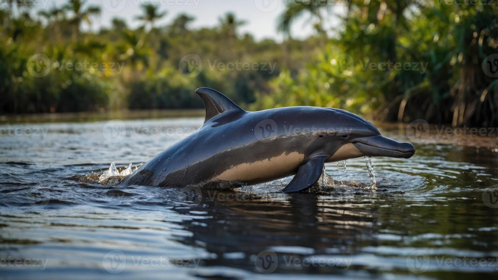 A dolphin gracefully leaps from the water in a lush, green environment. photo