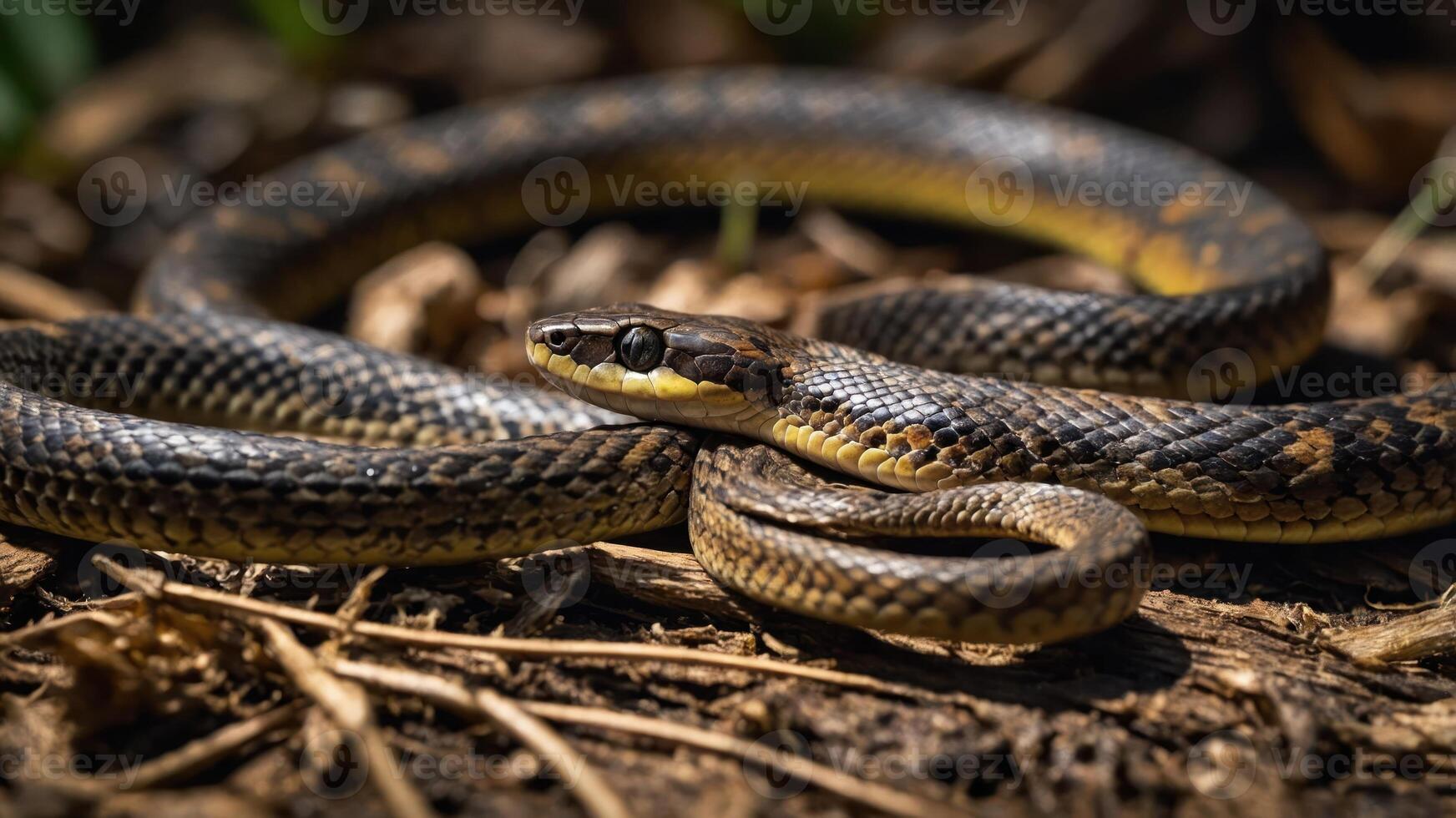 A close-up of a snake resting on the ground, showcasing its scales and natural habitat. photo