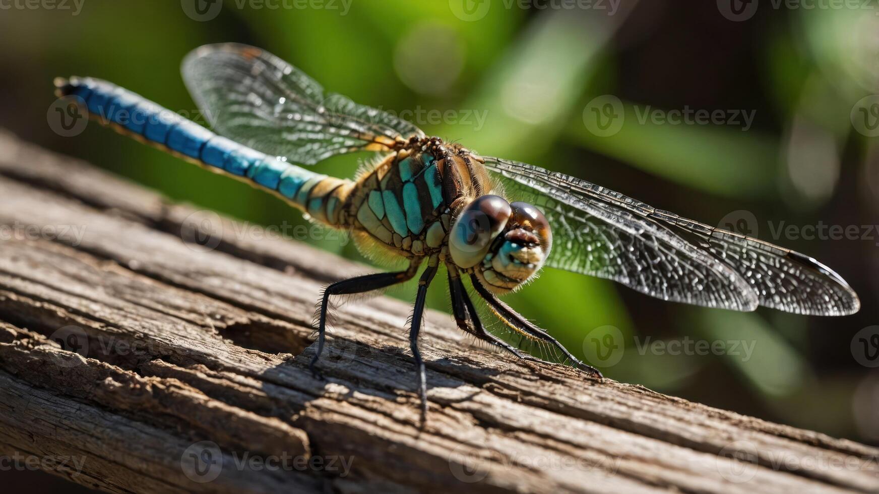 A close-up of a colorful dragonfly perched on a wooden log. photo