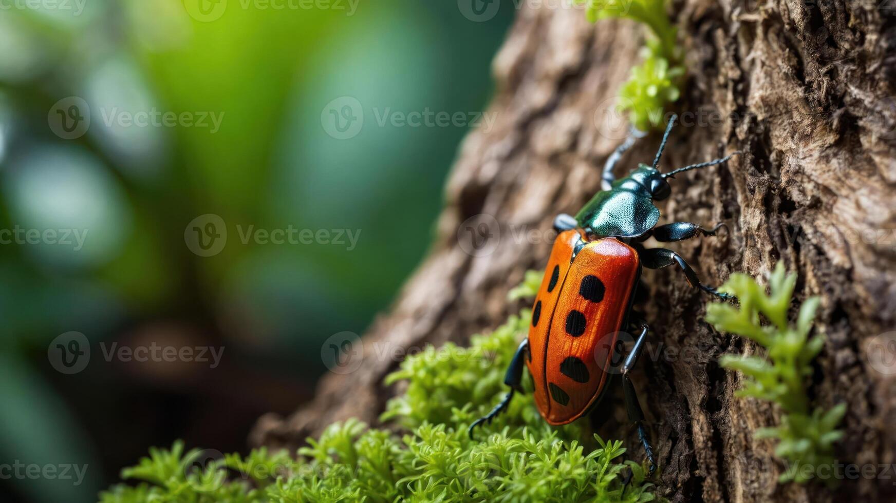 A colorful beetle perched on a textured tree trunk surrounded by green moss. photo