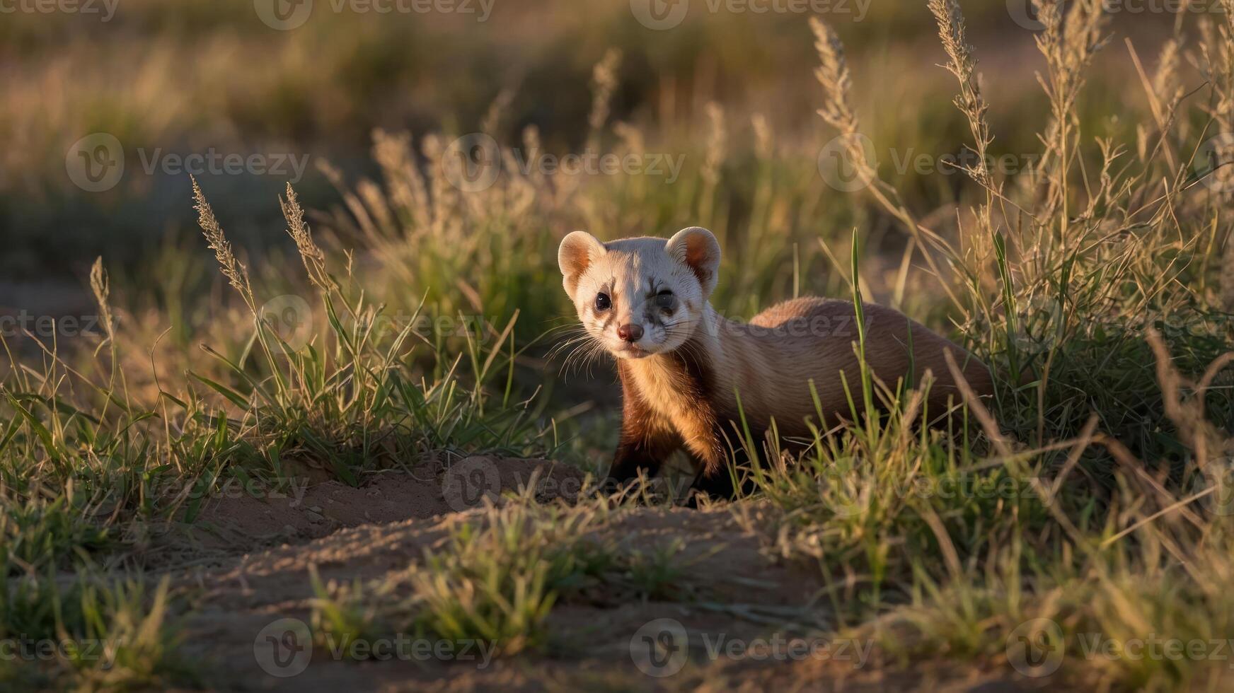 A small mammal stands in a grassy field during golden hour, showcasing its natural habitat. photo