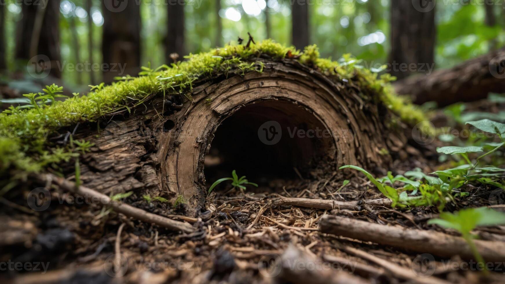 A moss-covered log with a hollow opening in a lush forest setting. photo