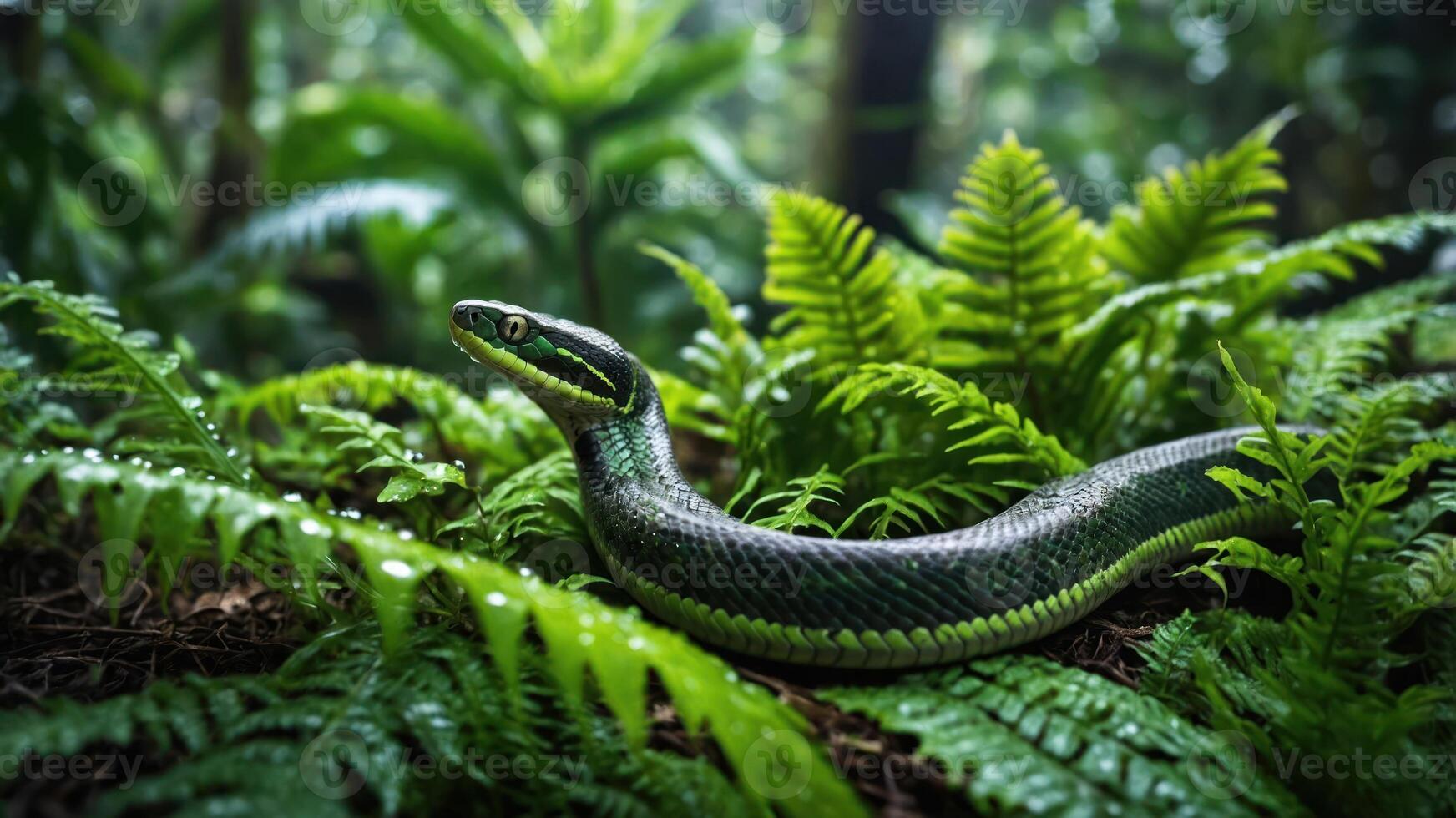 A green snake resting among lush ferns in a rainforest setting. photo