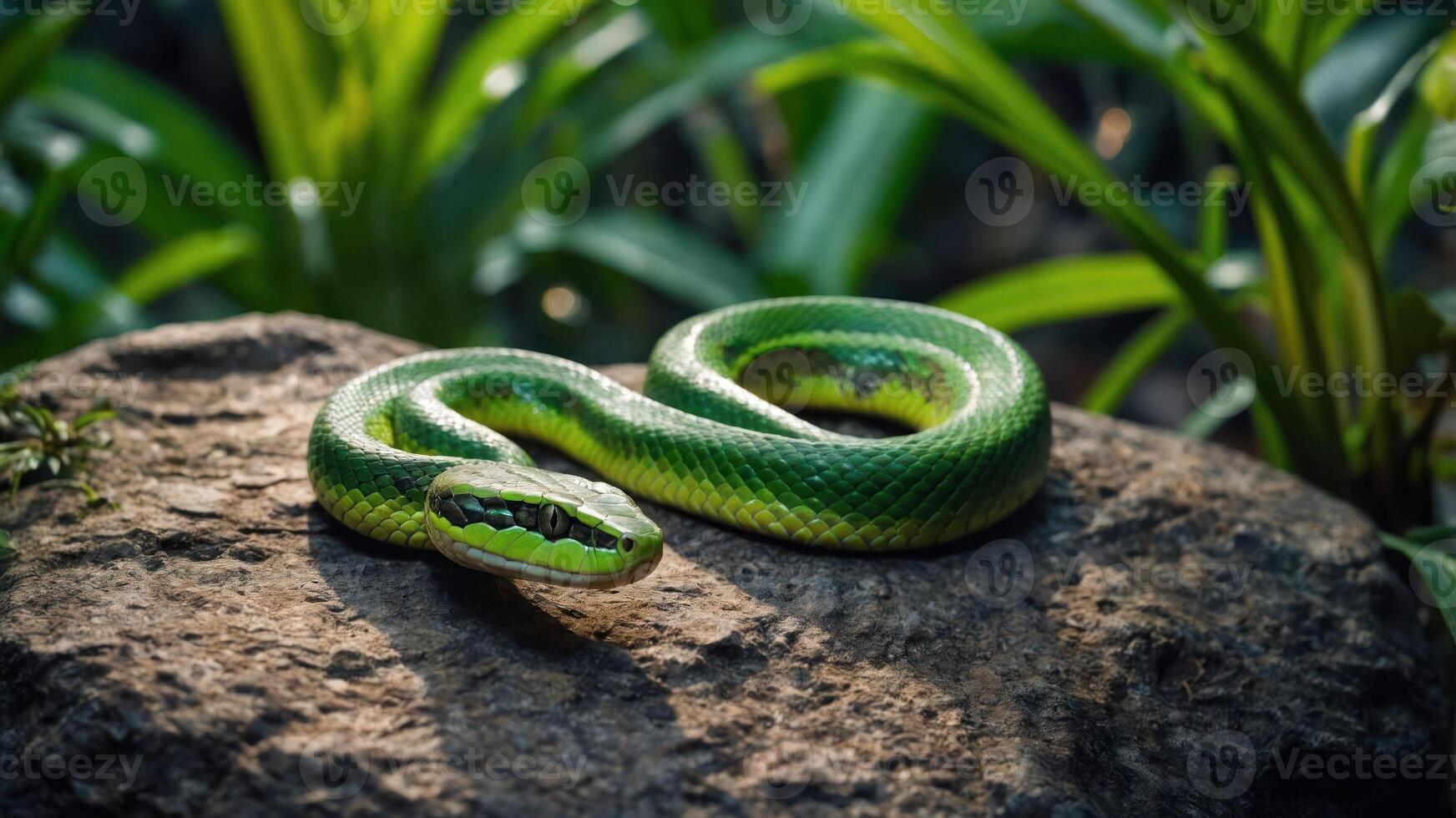 A green snake resting on a rock amidst lush vegetation. photo