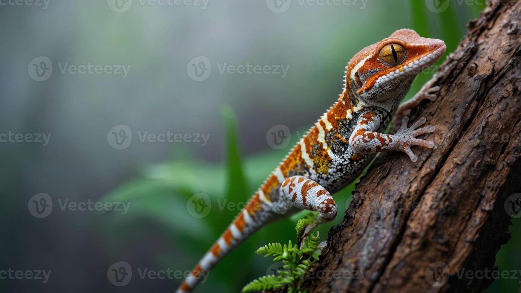 A colorful gecko perched on a textured branch amidst lush greenery. photo