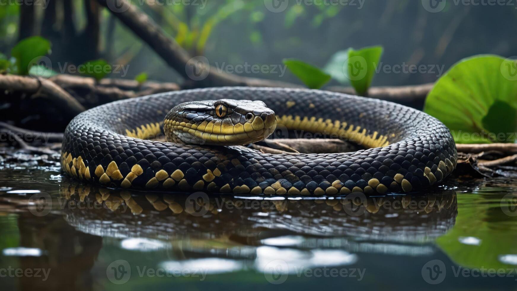 A close-up of a snake coiled near water, surrounded by lush greenery in a misty environment. photo