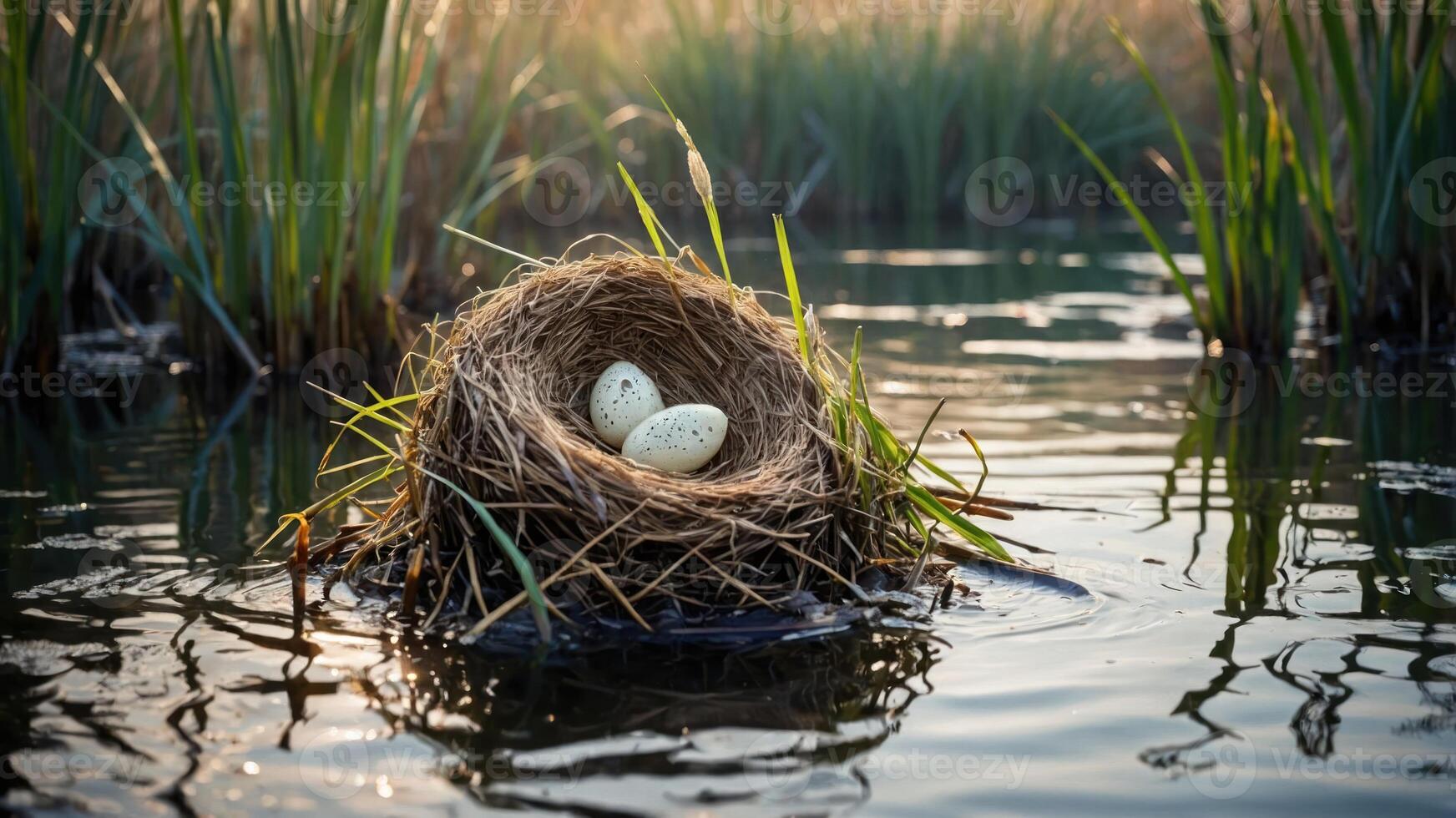A nest with three eggs resting in calm water surrounded by tall grass. photo