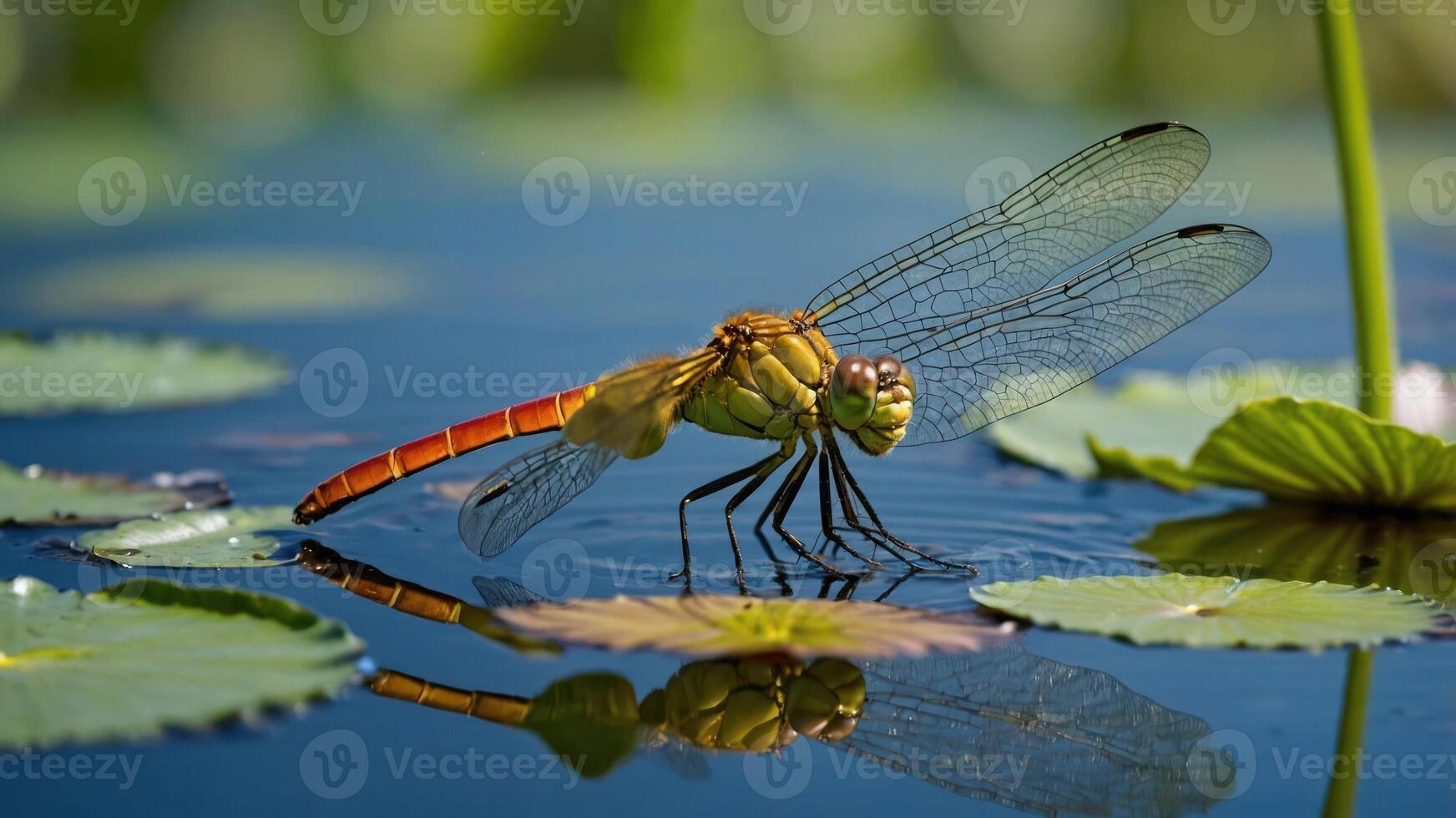 A dragonfly perched on water lilies, reflecting in the calm water of a serene pond. photo