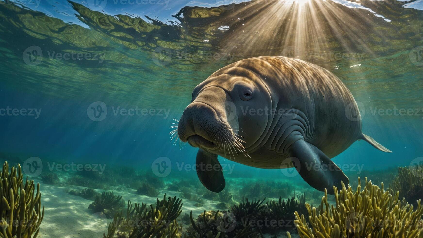 A serene underwater scene featuring a manatee swimming amidst aquatic plants and sunlight. photo