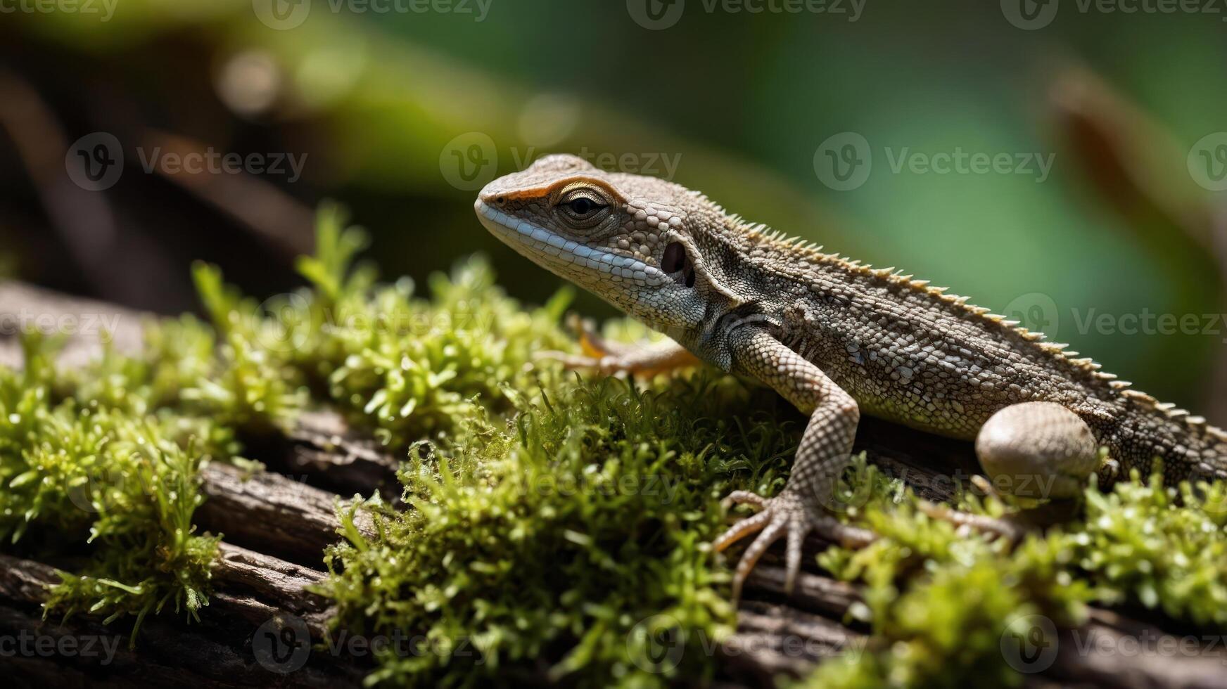 A close-up of a lizard resting on moss-covered wood in a natural setting. photo
