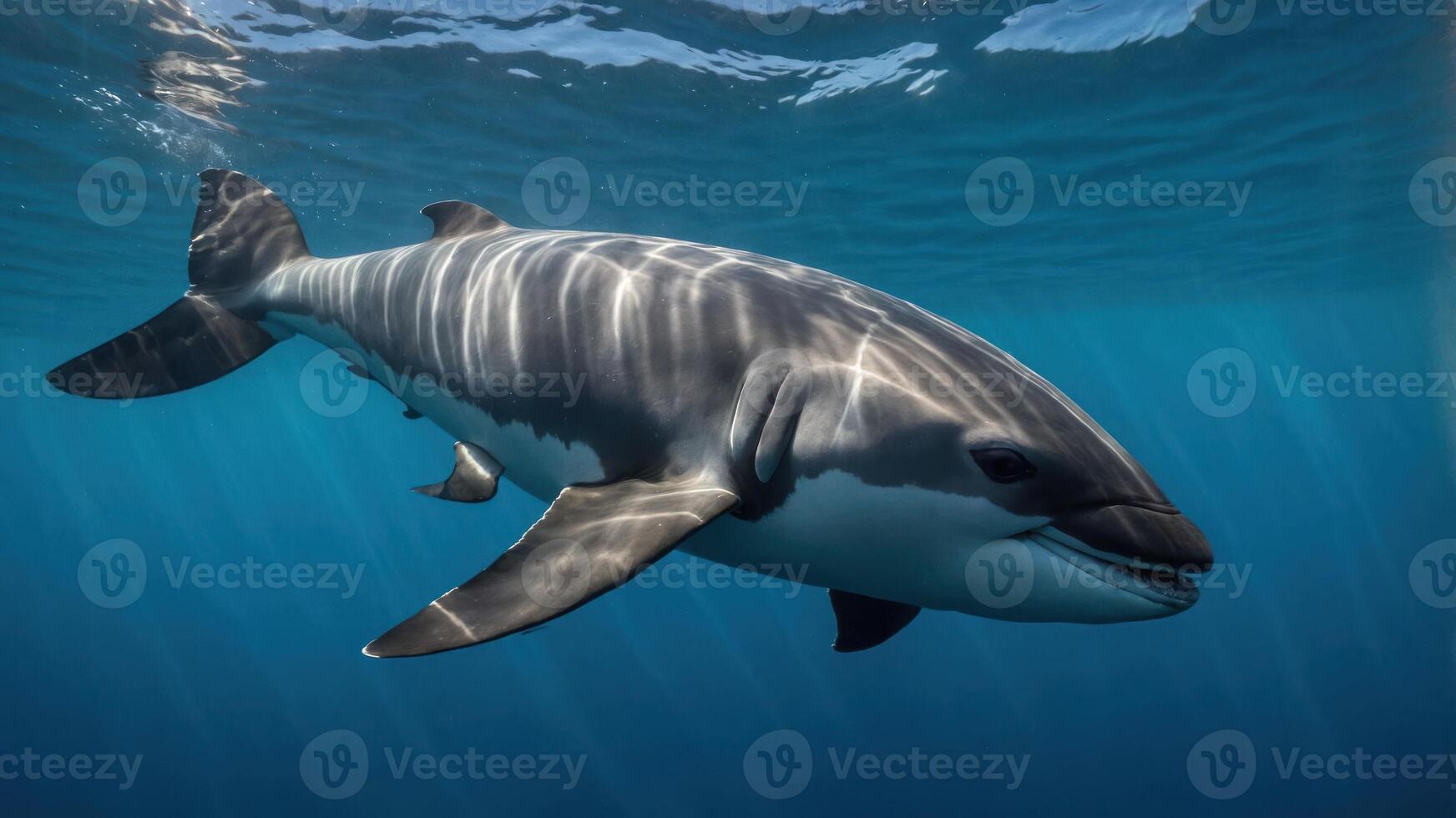 A dolphin swimming gracefully in clear blue waters, showcasing its sleek form and vibrant patterns. photo