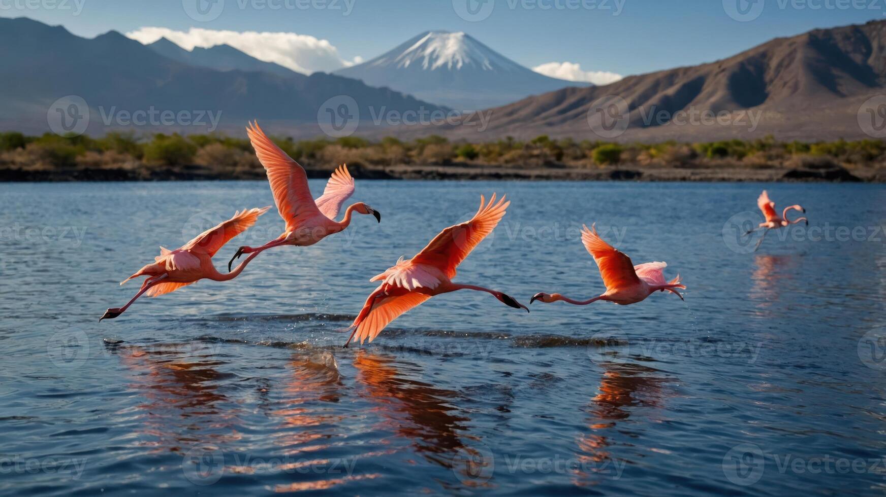 A serene scene of flamingos flying over a tranquil lake with mountains in the background. photo