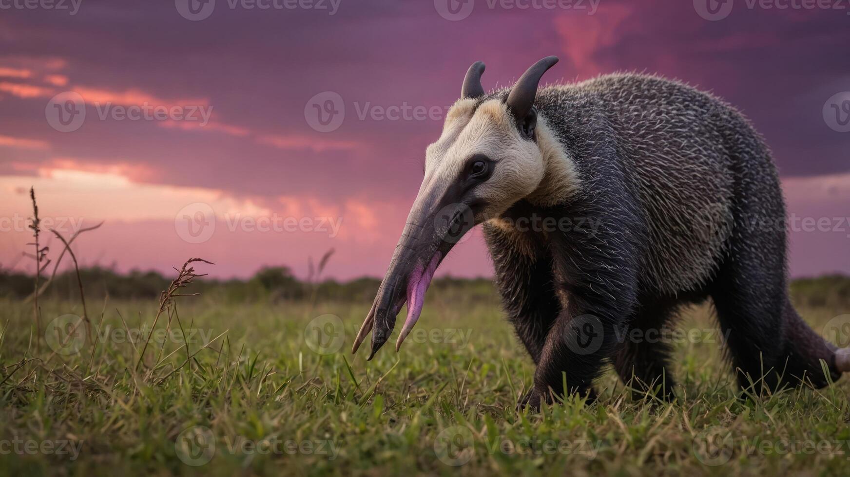 An anteater walks through a grassy field under a colorful sunset sky. photo