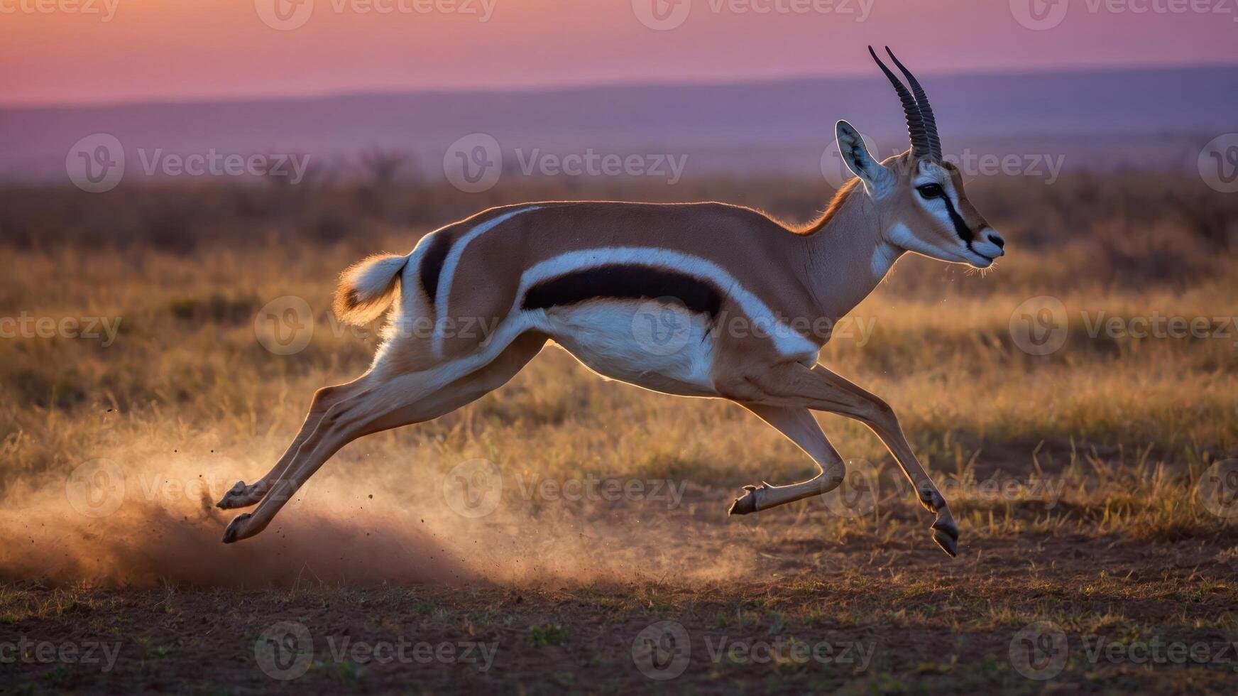 A graceful antelope leaps across a grassy plain during sunset, capturing the beauty of wildlife. photo