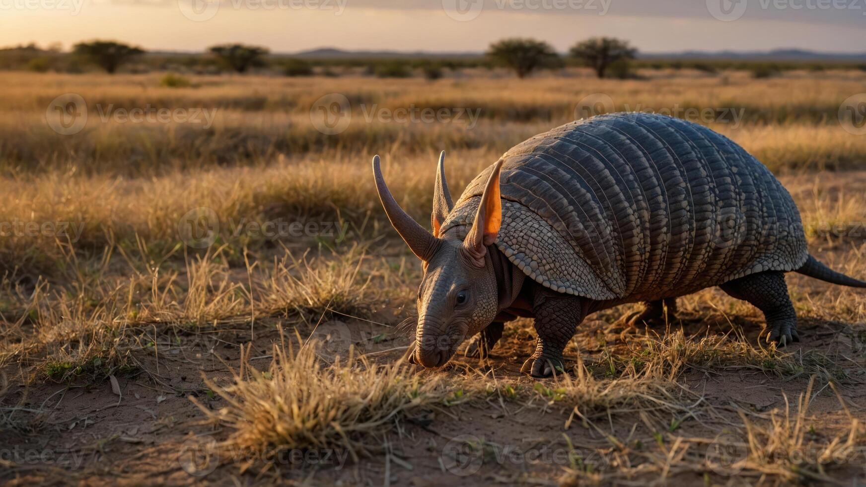 A unique armadillo-like creature explores a grassy landscape during sunset. photo