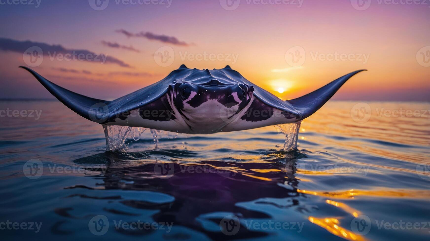 A manta ray glides gracefully through tranquil waters at sunset, creating a serene atmosphere. photo